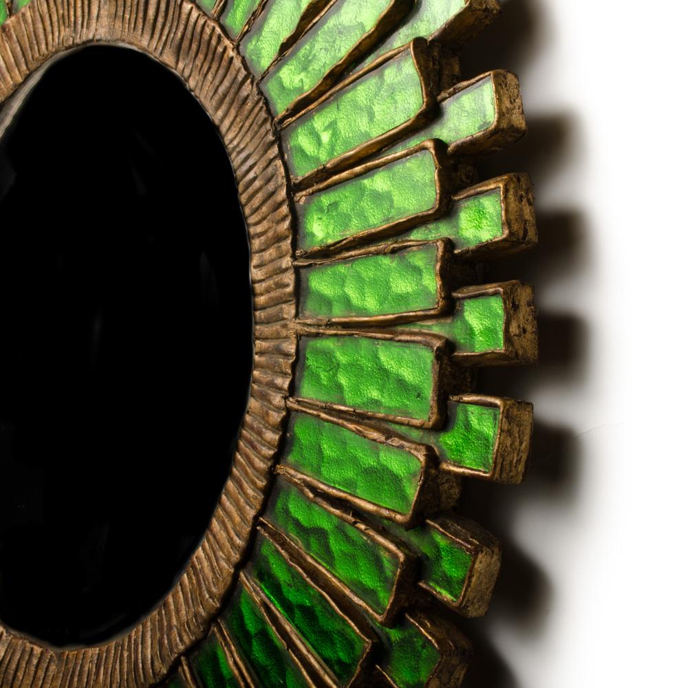A circular Green glass Convex Mirror in the Manner of Line Vautrin In Good Condition For Sale In Philadelphia, PA