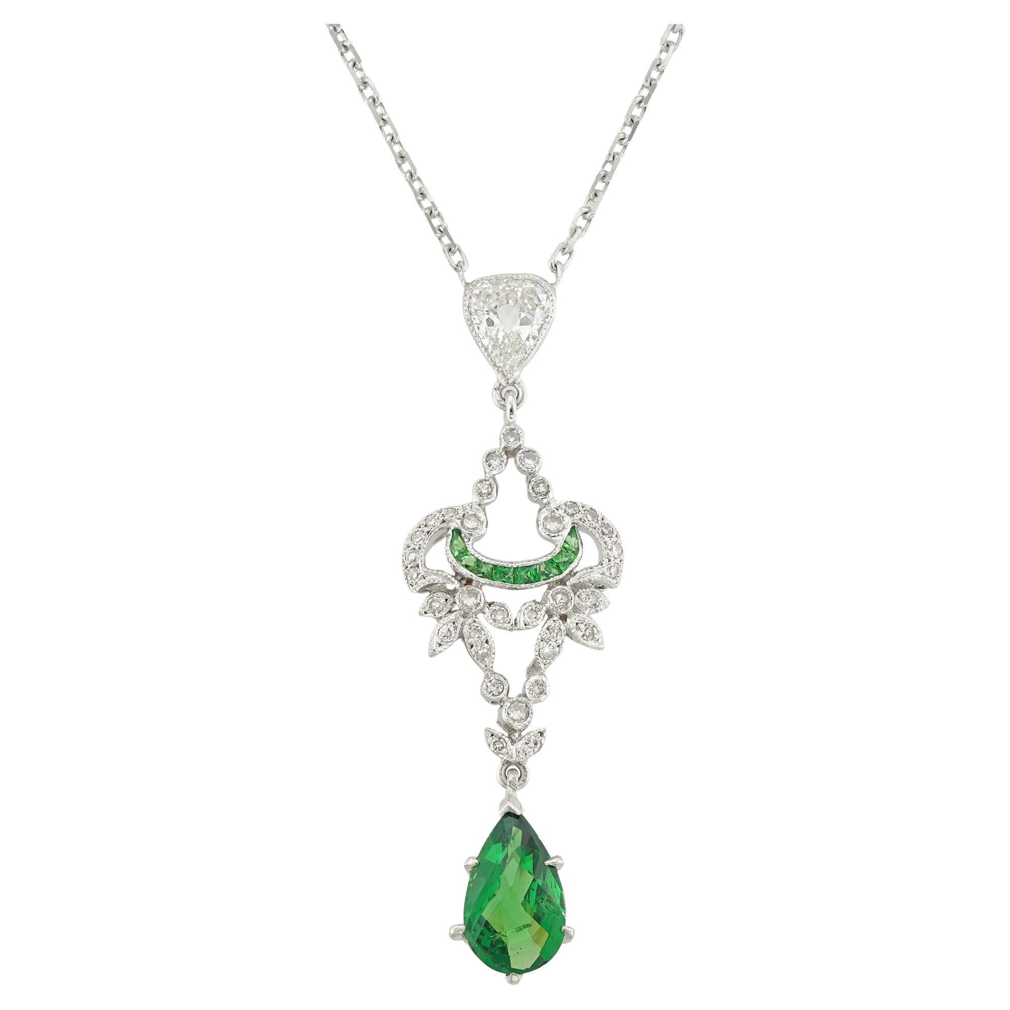 A Green Tourmaline And Diamond Scroll Pendant For Sale
