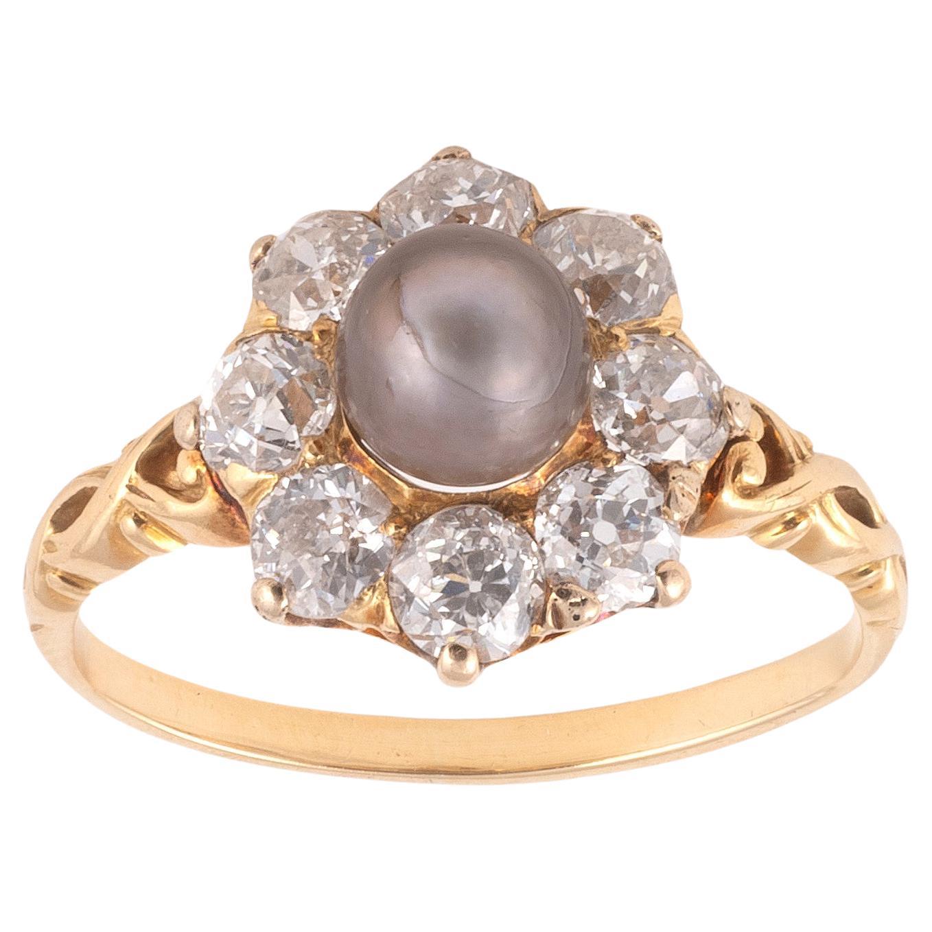 A Grey Natural Pearl and Diamond Cluster Ring For Sale