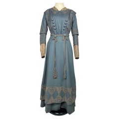 A Grey Wool Afternoon Gown with Appliqué trimmings and Lace Circa 1905-1910