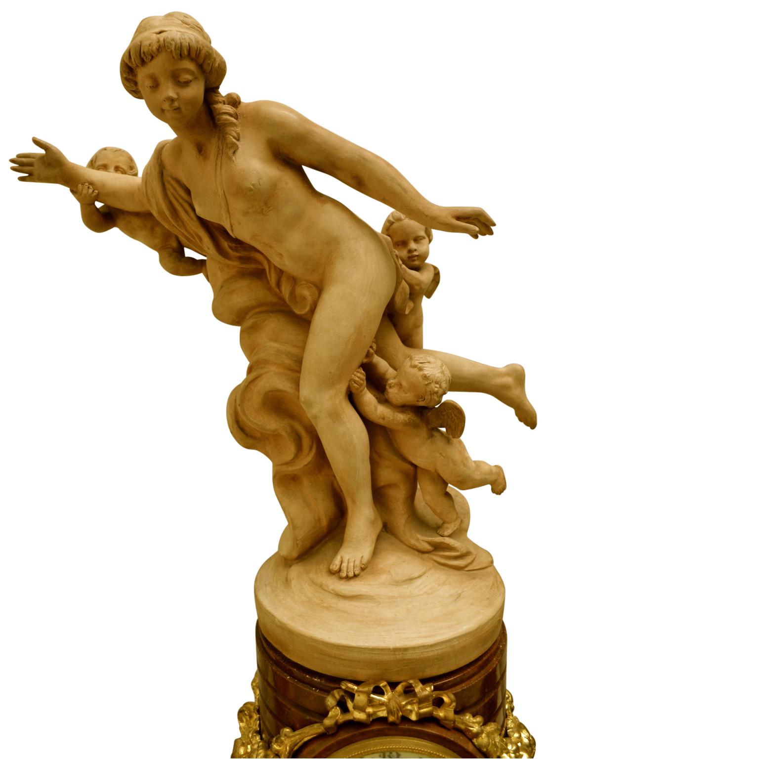 Hand-Carved Griotte Marble and Gilt Bronze Clock Garniture with a Terracotta Nymph Statue