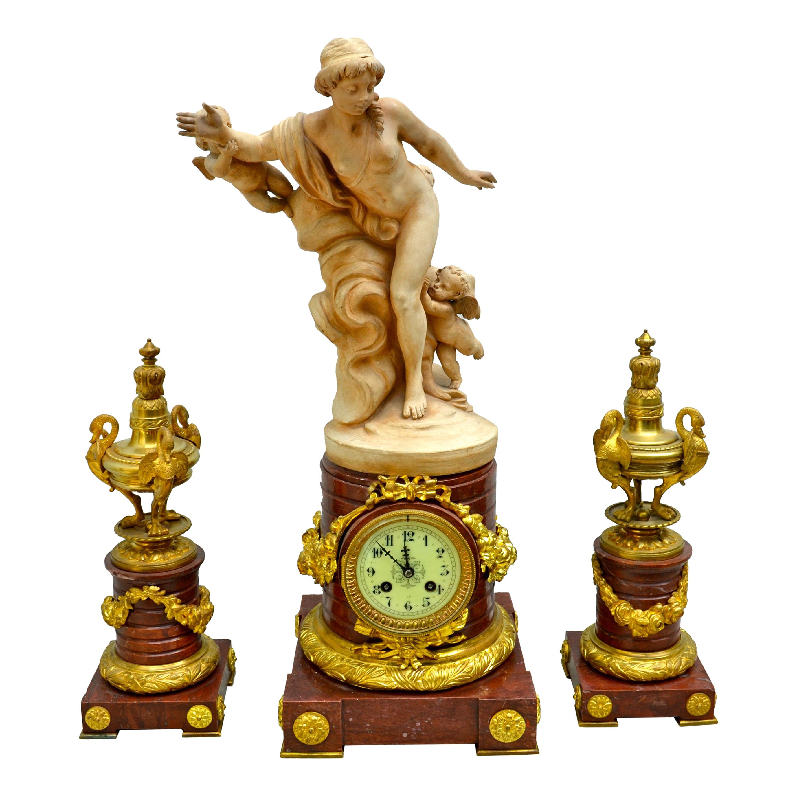 Griotte Marble and Gilt Bronze Clock Garniture with a Terracotta Nymph Statue