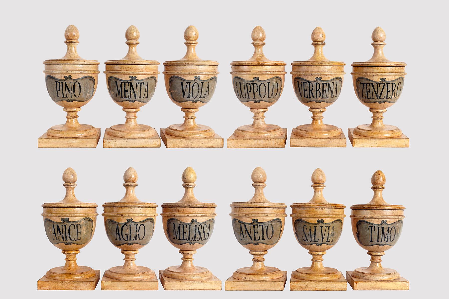 Set of nine medium-sized wooden pharmacy-herbal jars (Pine, Mint, Viola, Hops, Verbena, Ginger, Anise, Garlic, Melissa, Dill, Sage, Thyme) in the purest neoclassical style. The surface is finished with a white pad with a blue scroll decoration, the
