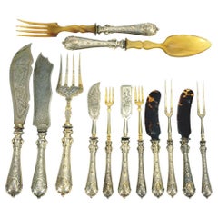 Antique Group of 13 French Parcel-Gilt 19th Century Silverware Pieces