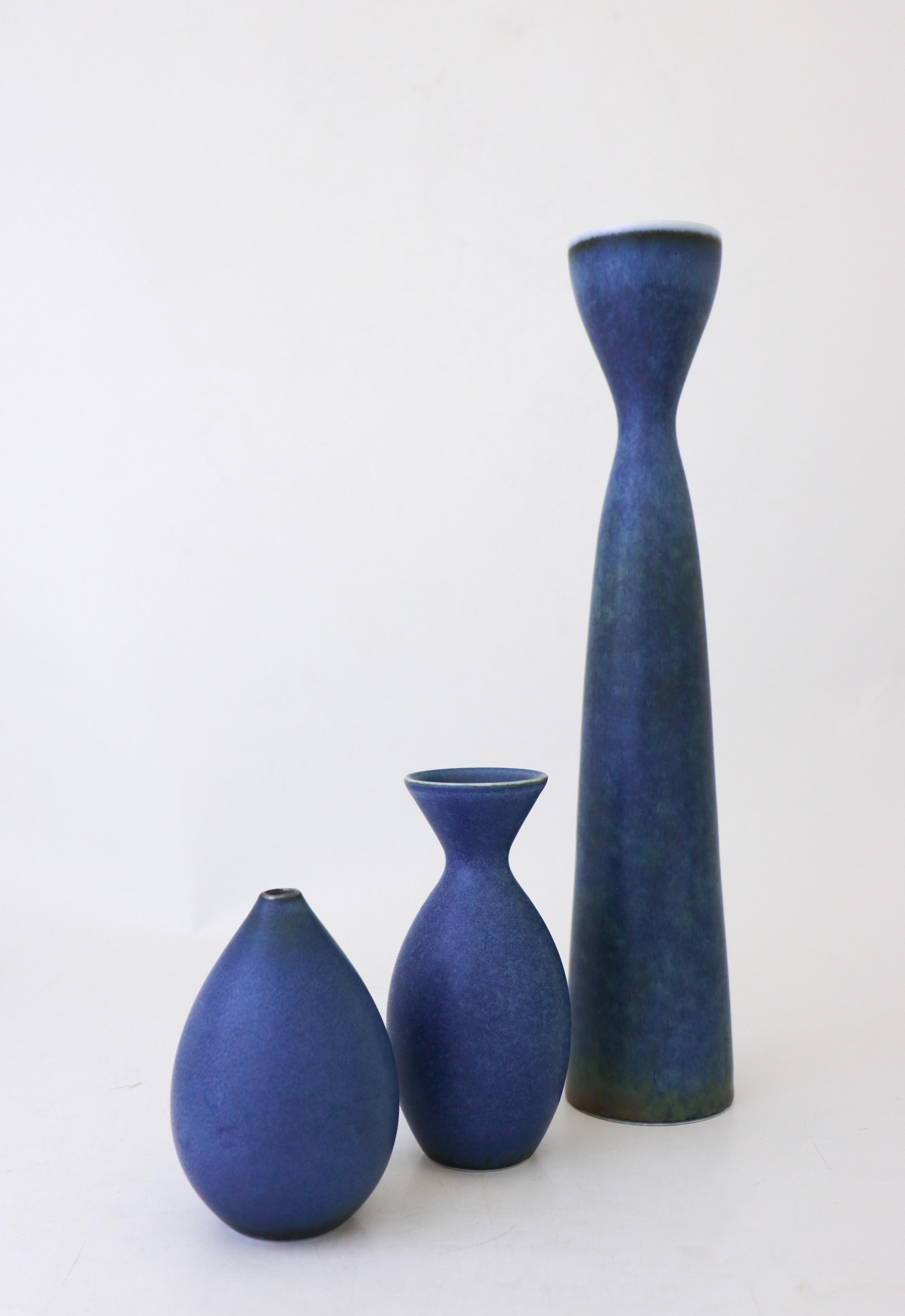 Scandinavian Modern Group of 3 Blue Vases, Rörstrand Carl-Harry Stålhane, Mid-Century Vintage