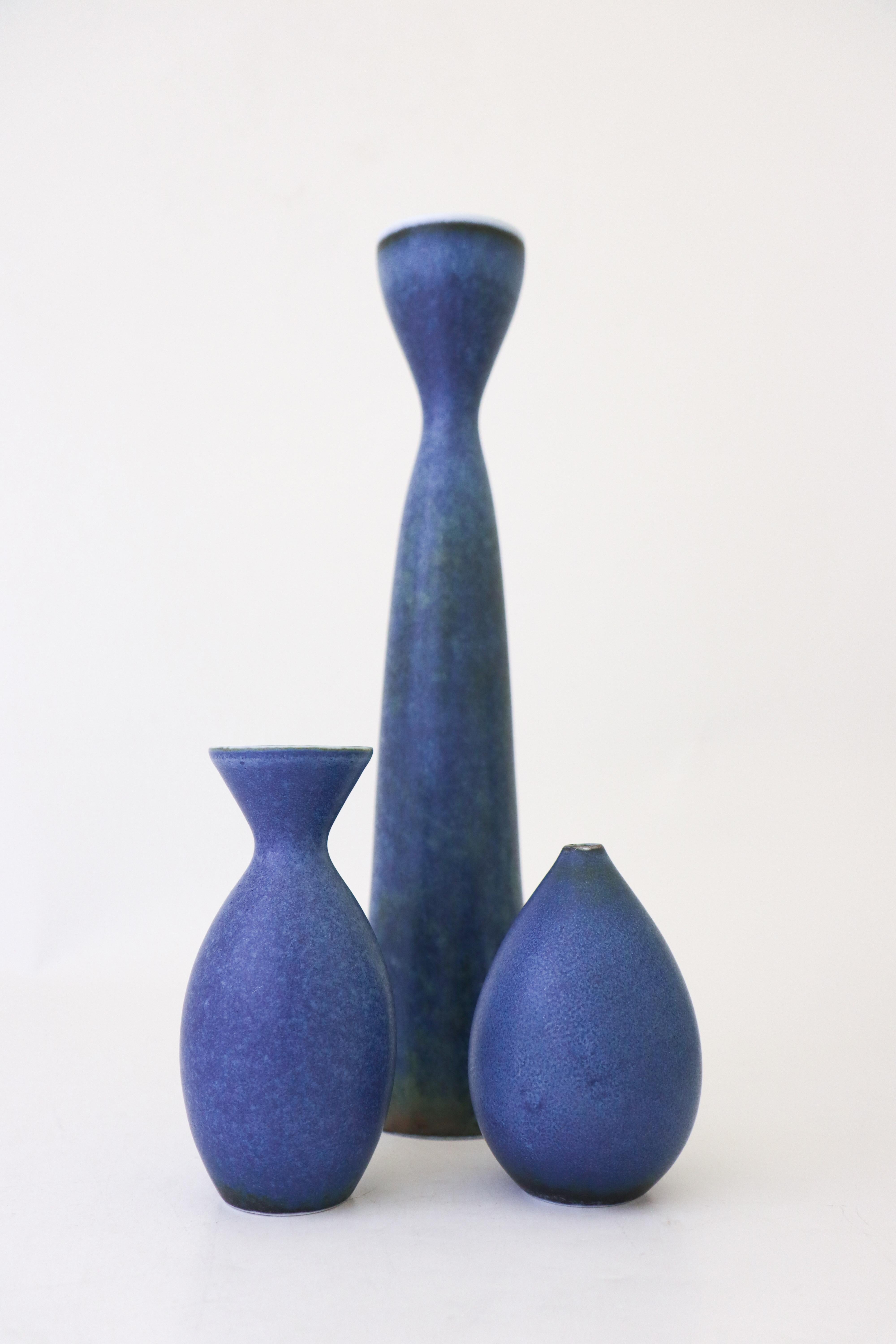 Swedish Group of 3 Blue Vases, Rörstrand Carl-Harry Stålhane, Mid-Century Vintage