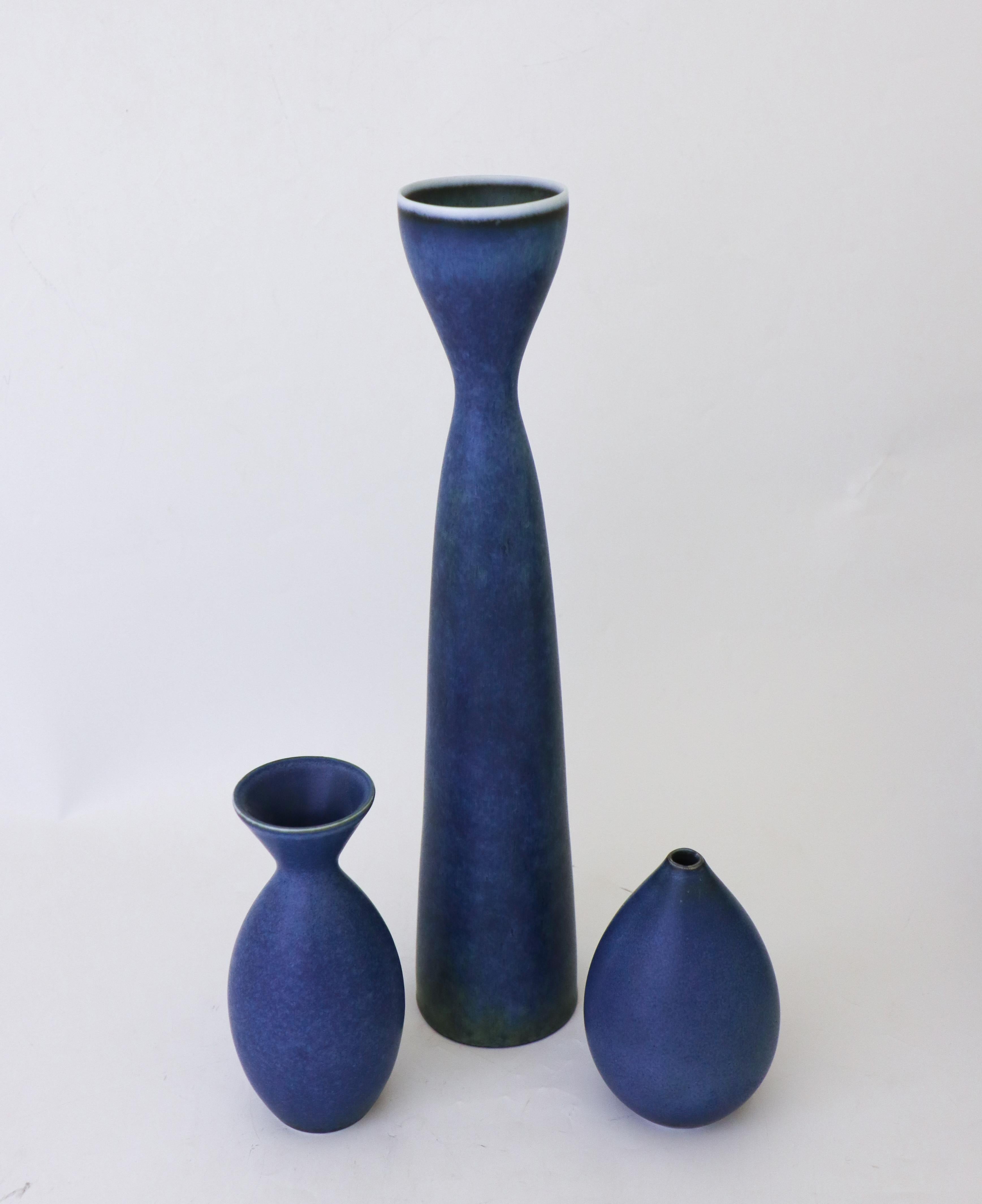 Glazed Group of 3 Blue Vases, Rörstrand Carl-Harry Stålhane, Mid-Century Vintage