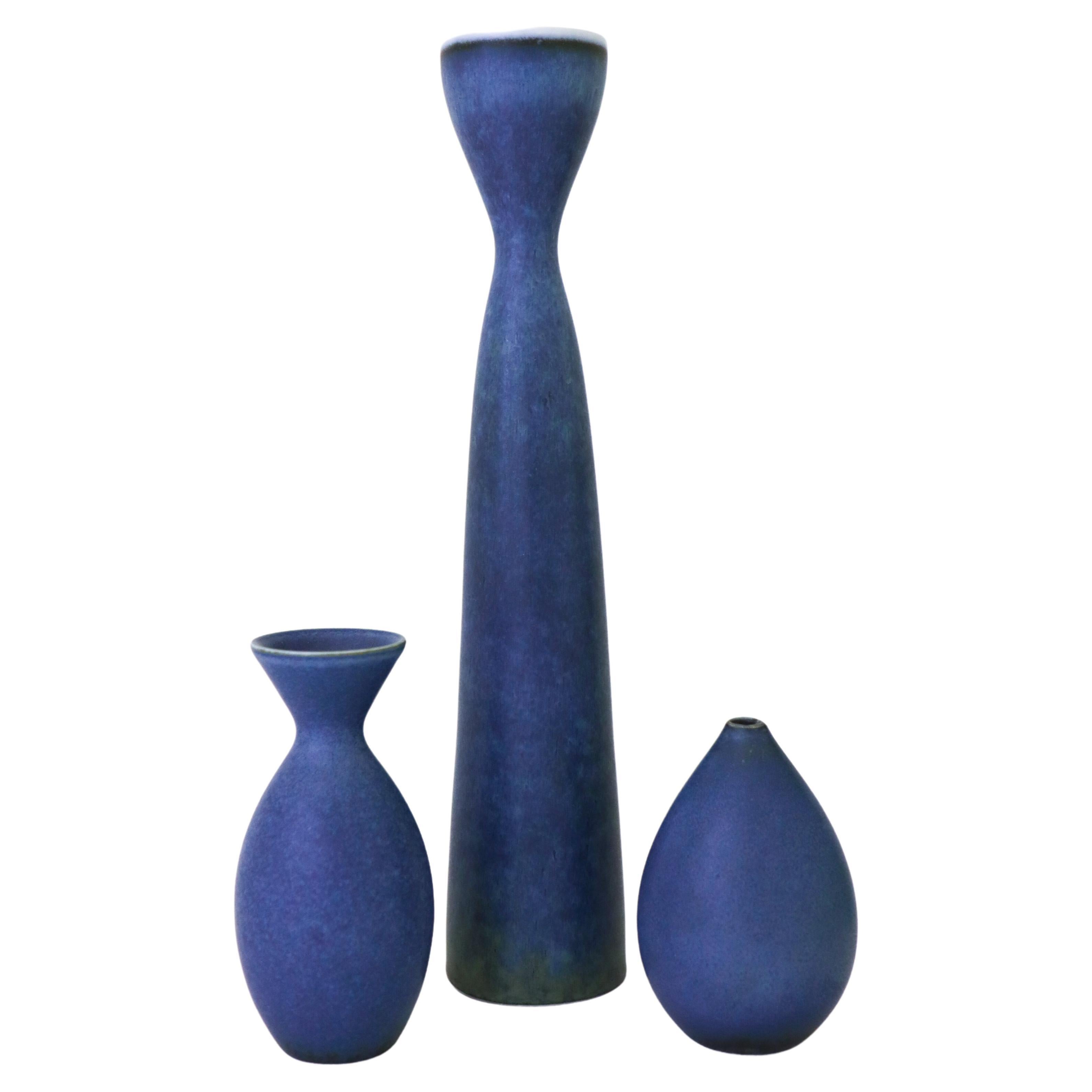 Group of 3 Blue Vases, Rörstrand Carl-Harry Stålhane, Mid-Century Vintage