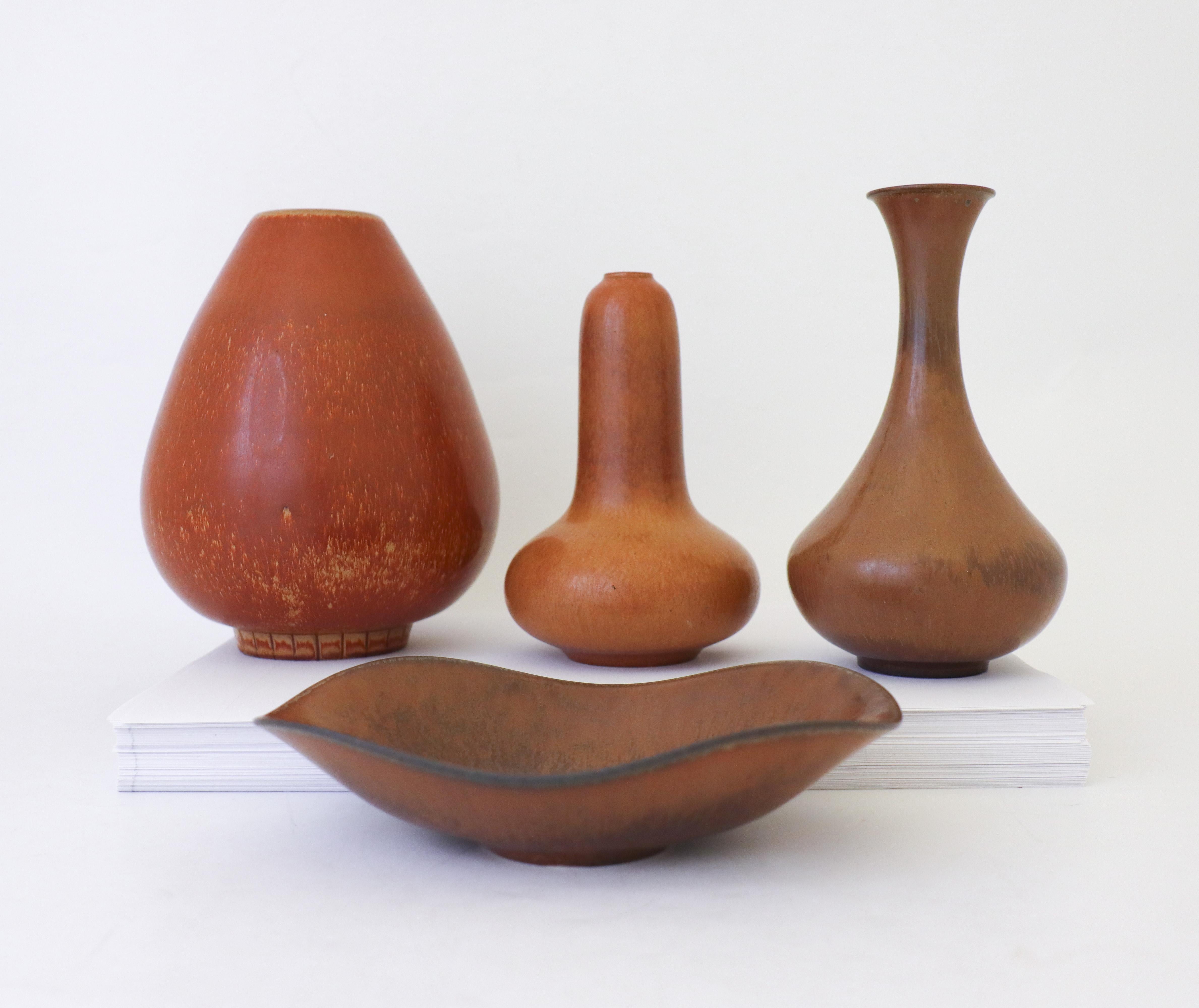 Swedish Group of 3 Brown Vases & Bowl, Rörstrand Gunnar Nylund, Mid-Century Vintage For Sale