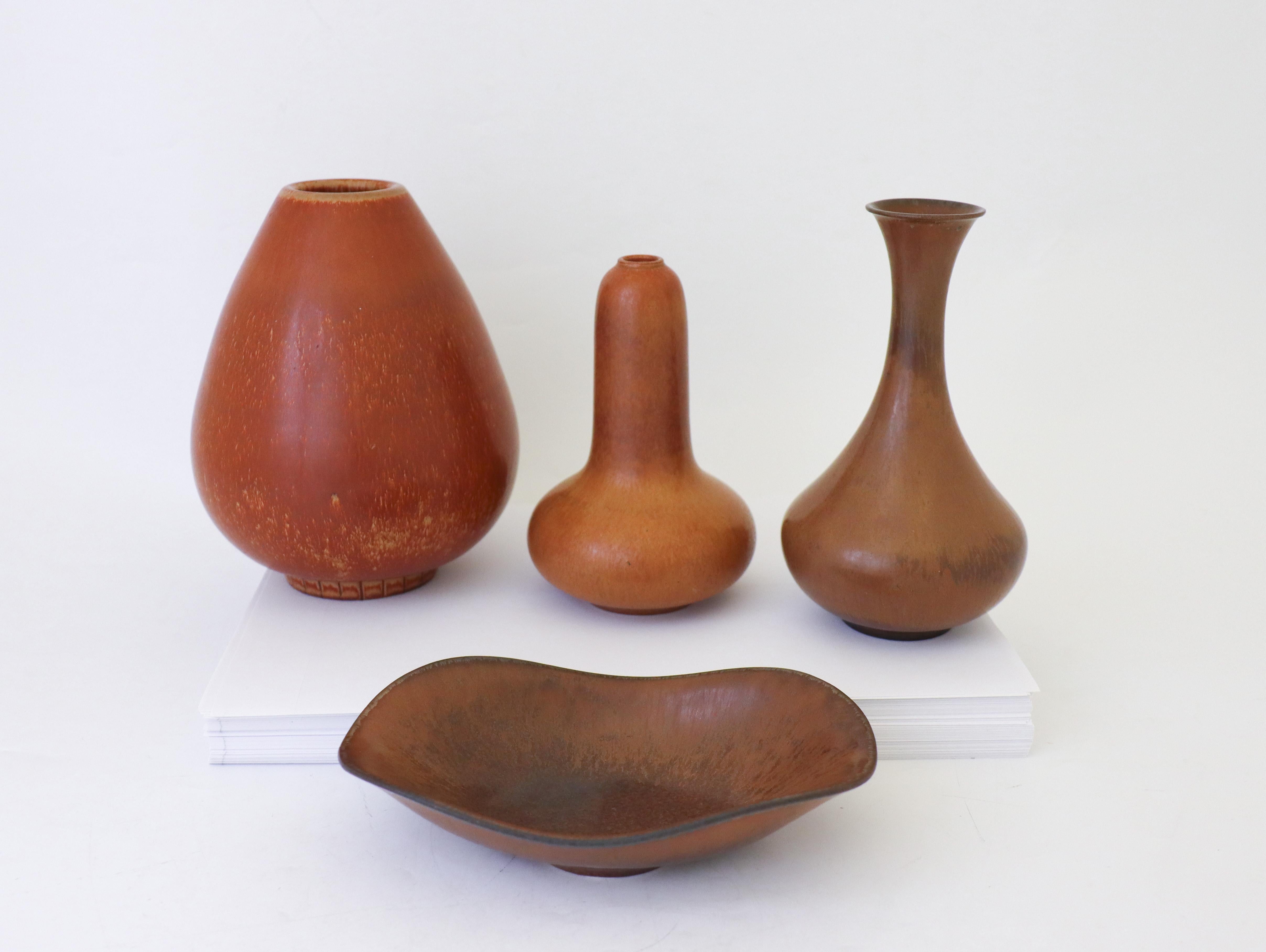 Glazed Group of 3 Brown Vases & Bowl, Rörstrand Gunnar Nylund, Mid-Century Vintage For Sale