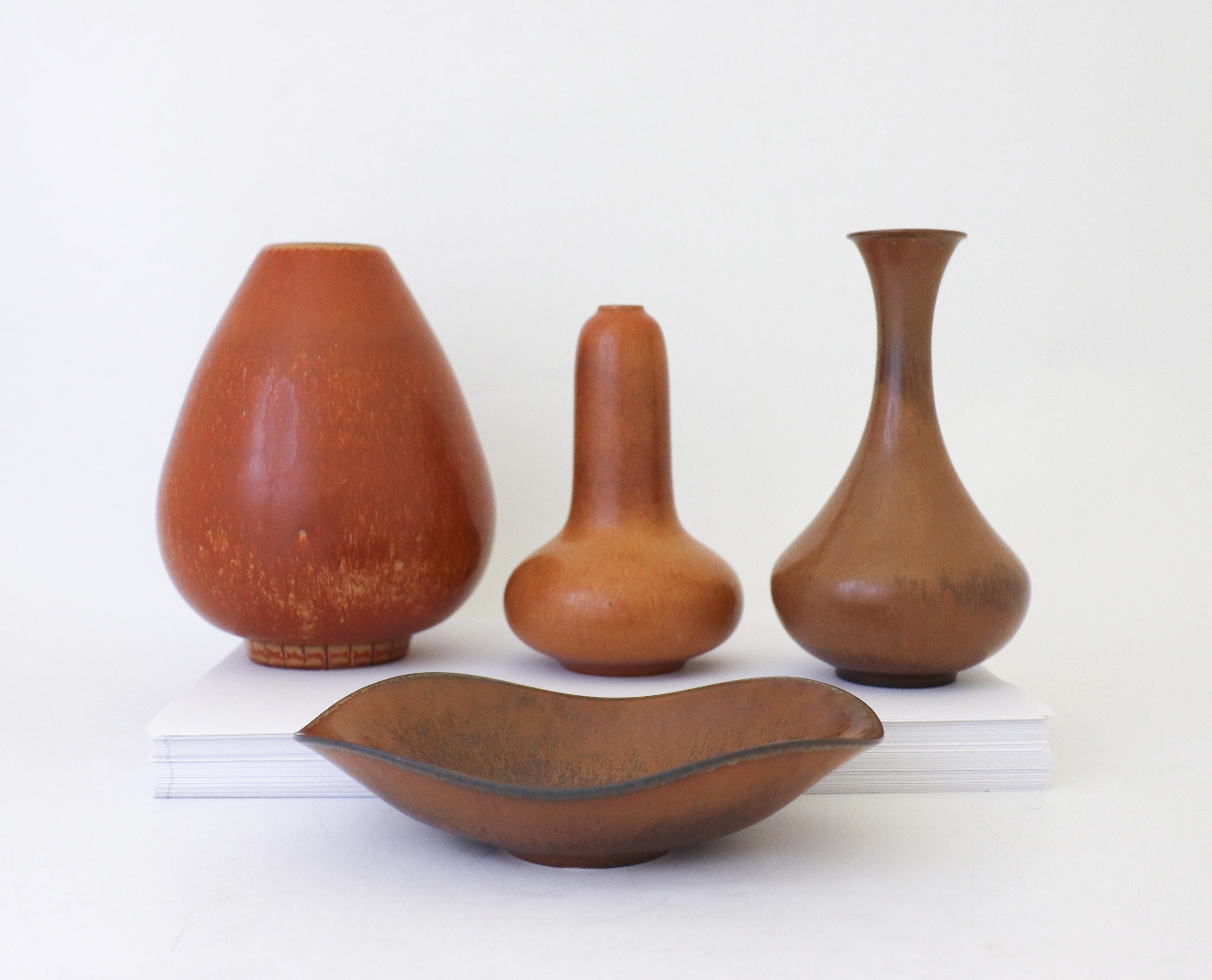 Group of 3 Brown Vases & Bowl, Rörstrand Gunnar Nylund, Mid-Century Vintage In Excellent Condition For Sale In Stockholm, SE