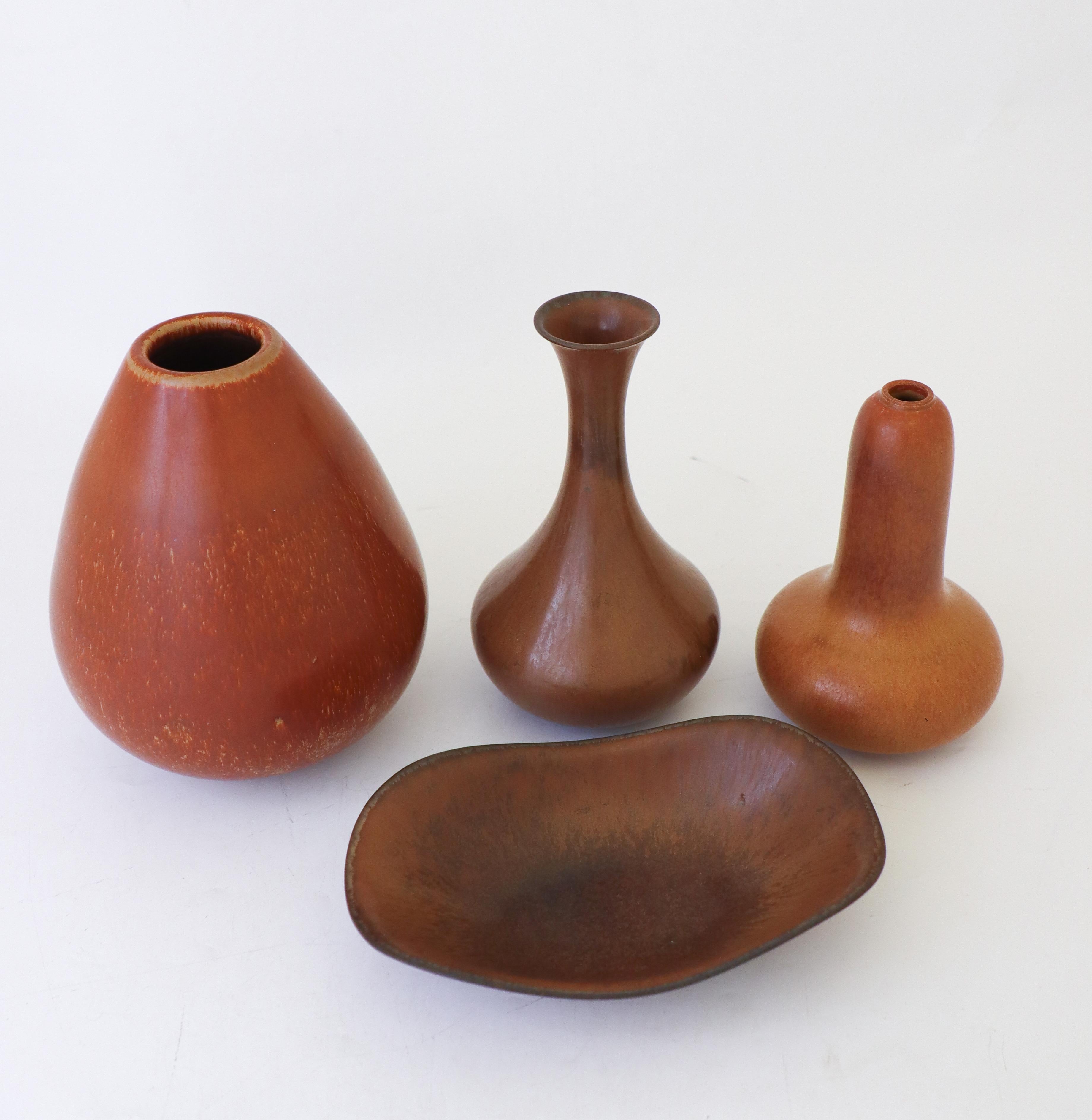 Porcelain Group of 3 Brown Vases & Bowl, Rörstrand Gunnar Nylund, Mid-Century Vintage For Sale