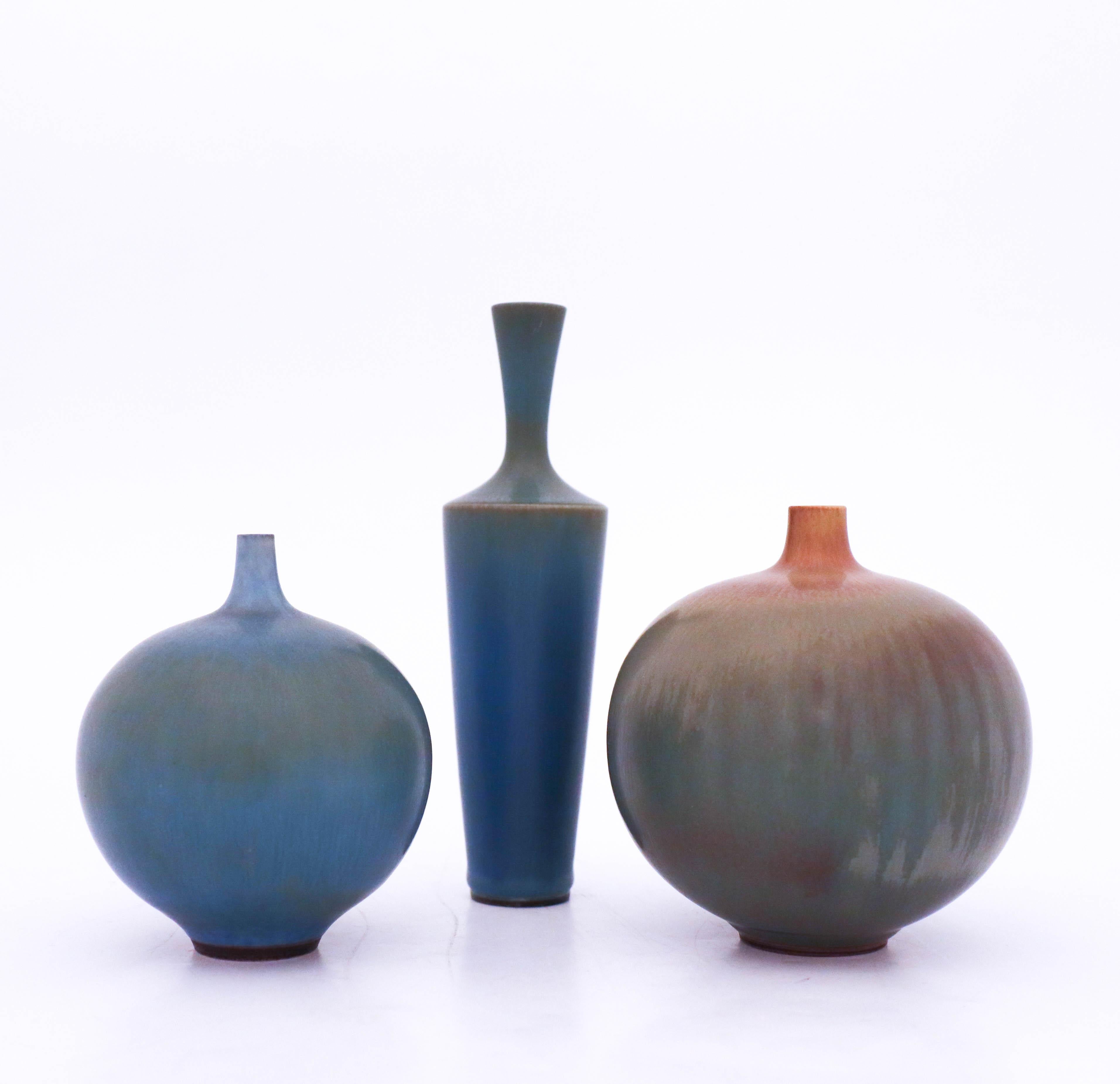 Glazed Group of 3 Stoneware Vases, Berndt Friberg, Gustavsberg - Scandinavian Modern