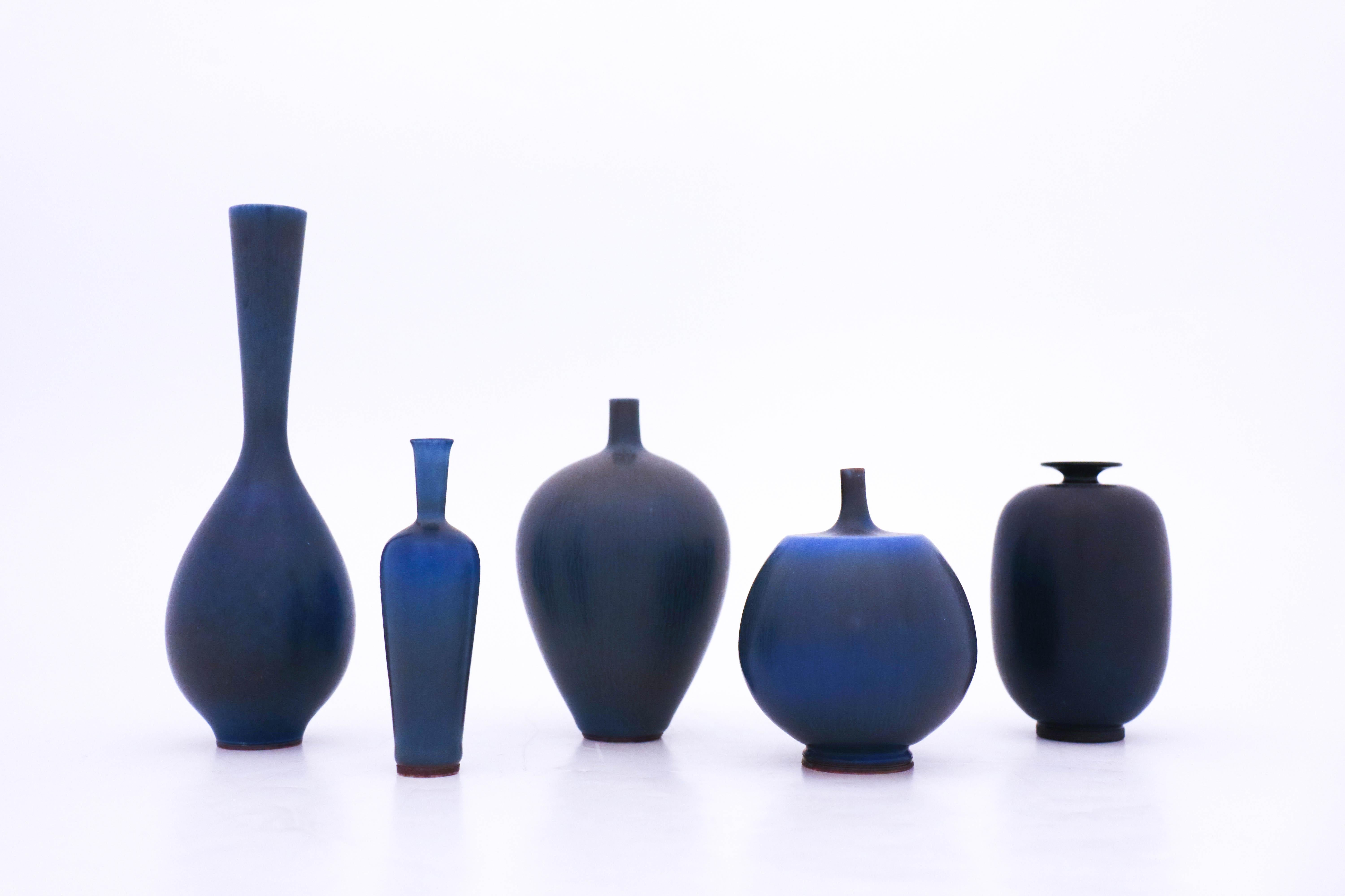 Swedish Group of 5 Blue Stoneware Vases, Berndt Friberg, Gustavsberg