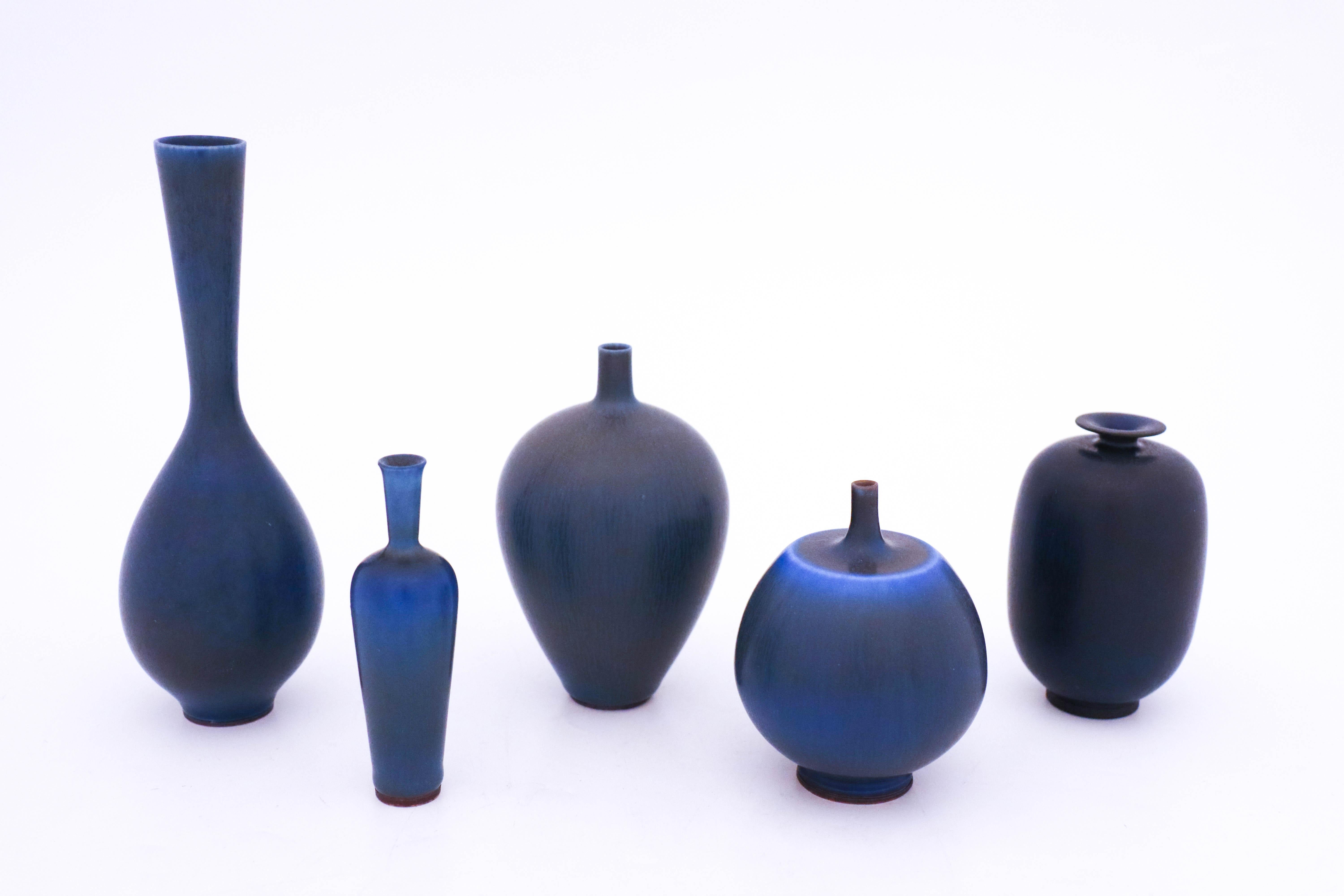 Group of 5 Blue Stoneware Vases, Berndt Friberg, Gustavsberg In Good Condition In Stockholm, SE
