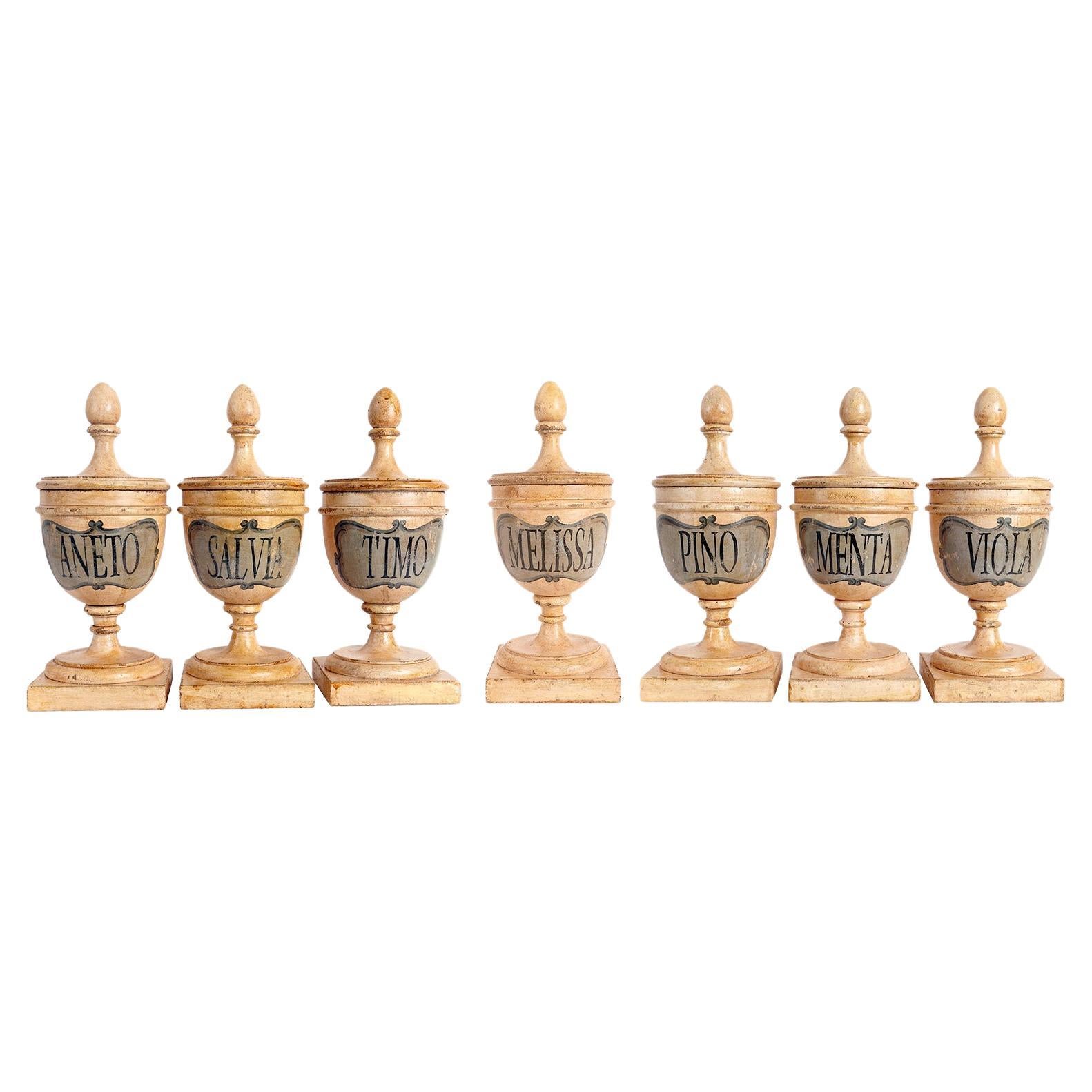 A group of 7 herbalist pharmacy wooden jars, Italy 1870.  For Sale