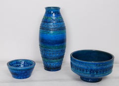 A Group of Aldo Londi for Bitossi Rimini Blue Glazed Ceramic Vase and Bowls