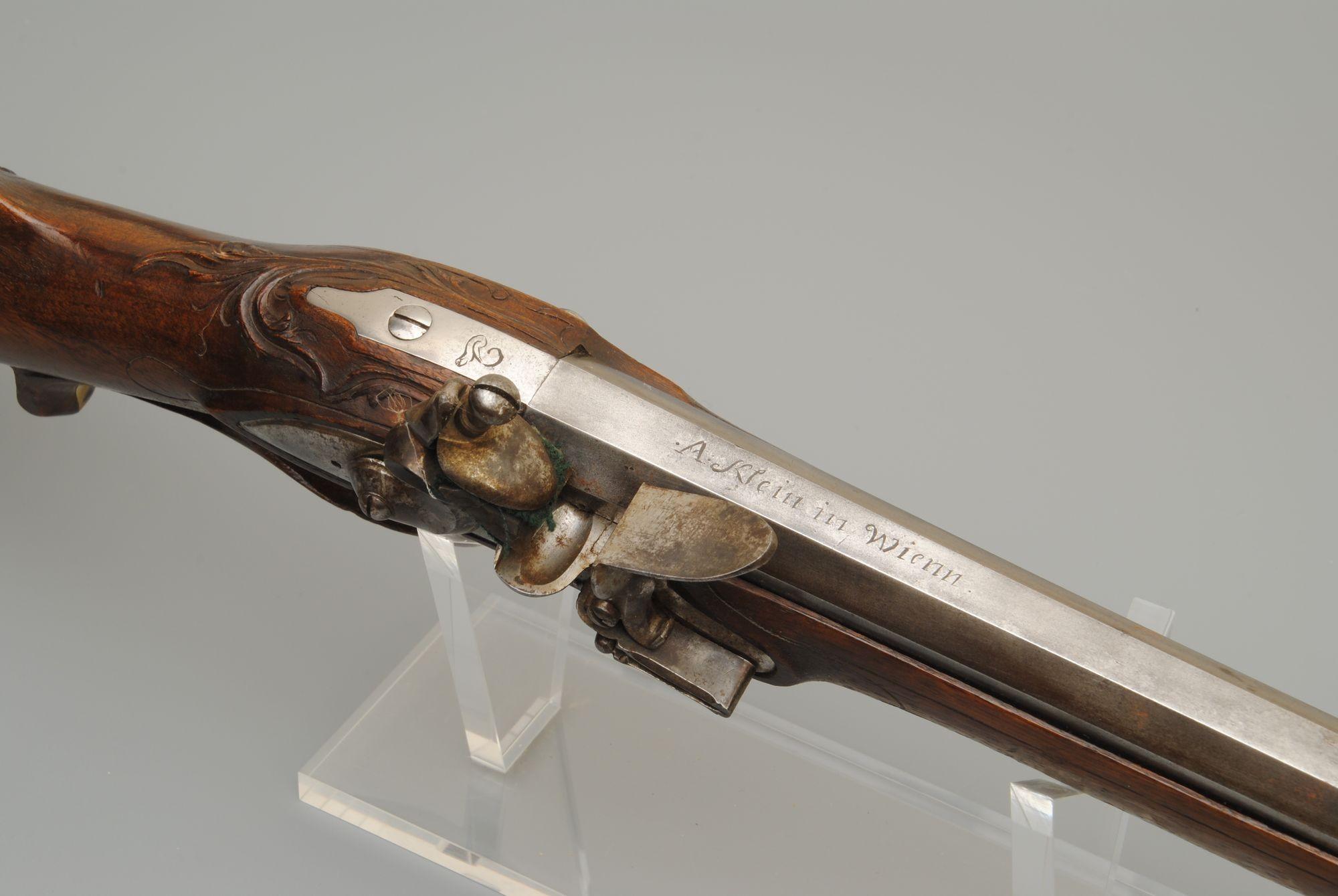 A fantastic group of five flintlock sporting guns each numbered 1 to 5 and signed on the lock by Klien in Wienn. Austria. The figured walnut stocks of good colour, are brass mounted.
circa 1780
Anton Klien is listed as working 1757 to
