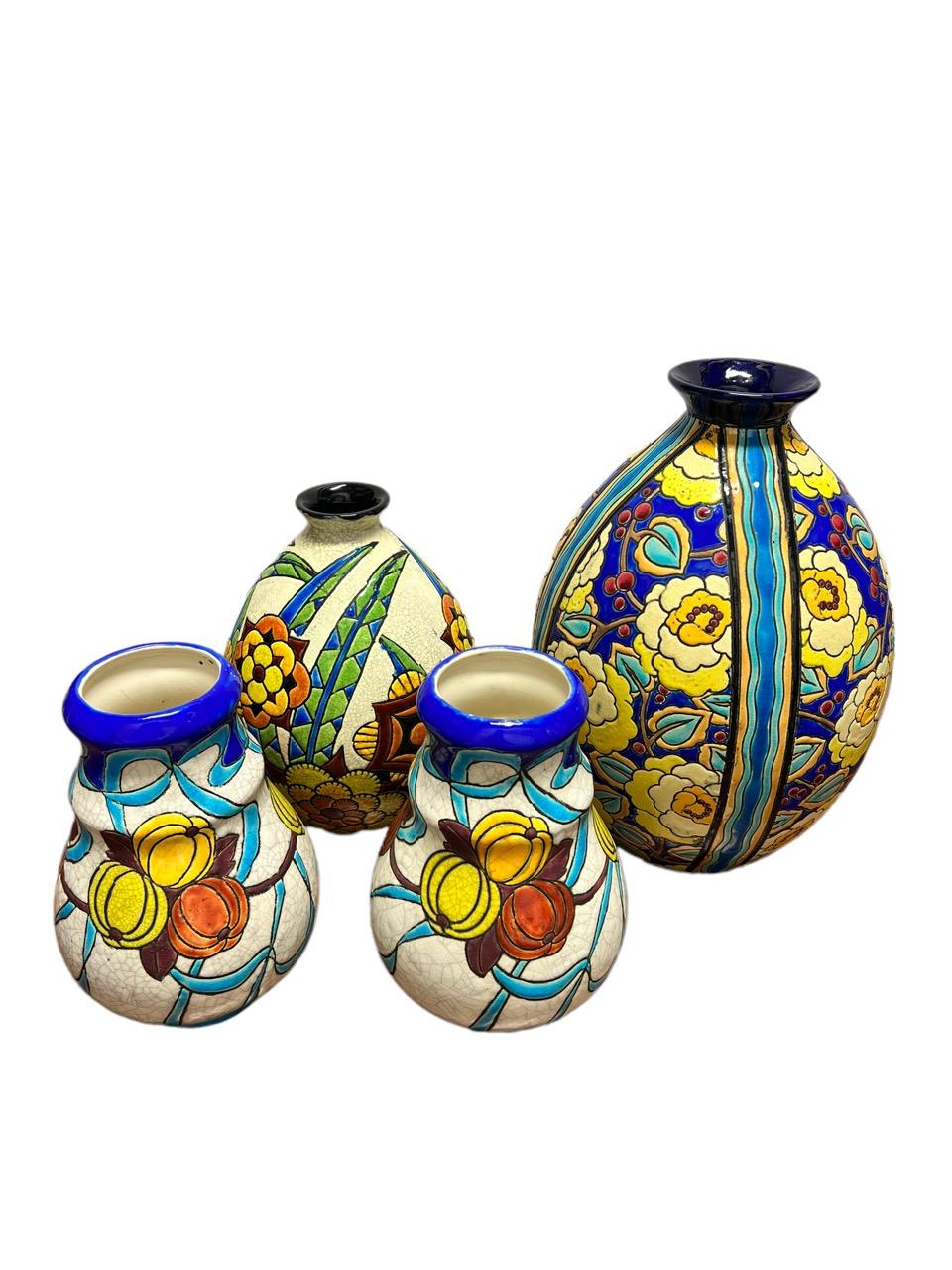 Art Deco Group of Four 1920s Floral Vases by Artist Charles Catteau