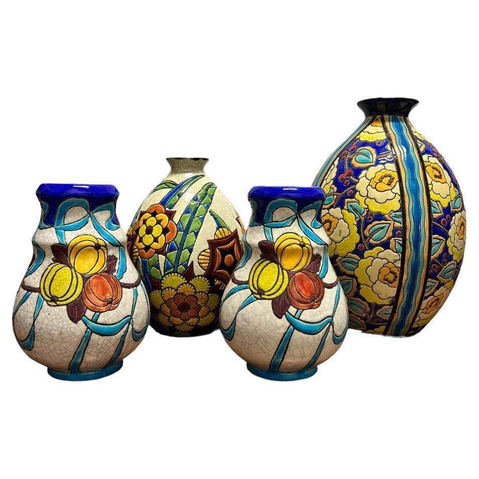 Group of Four 1920s Floral Vases by Artist Charles Catteau