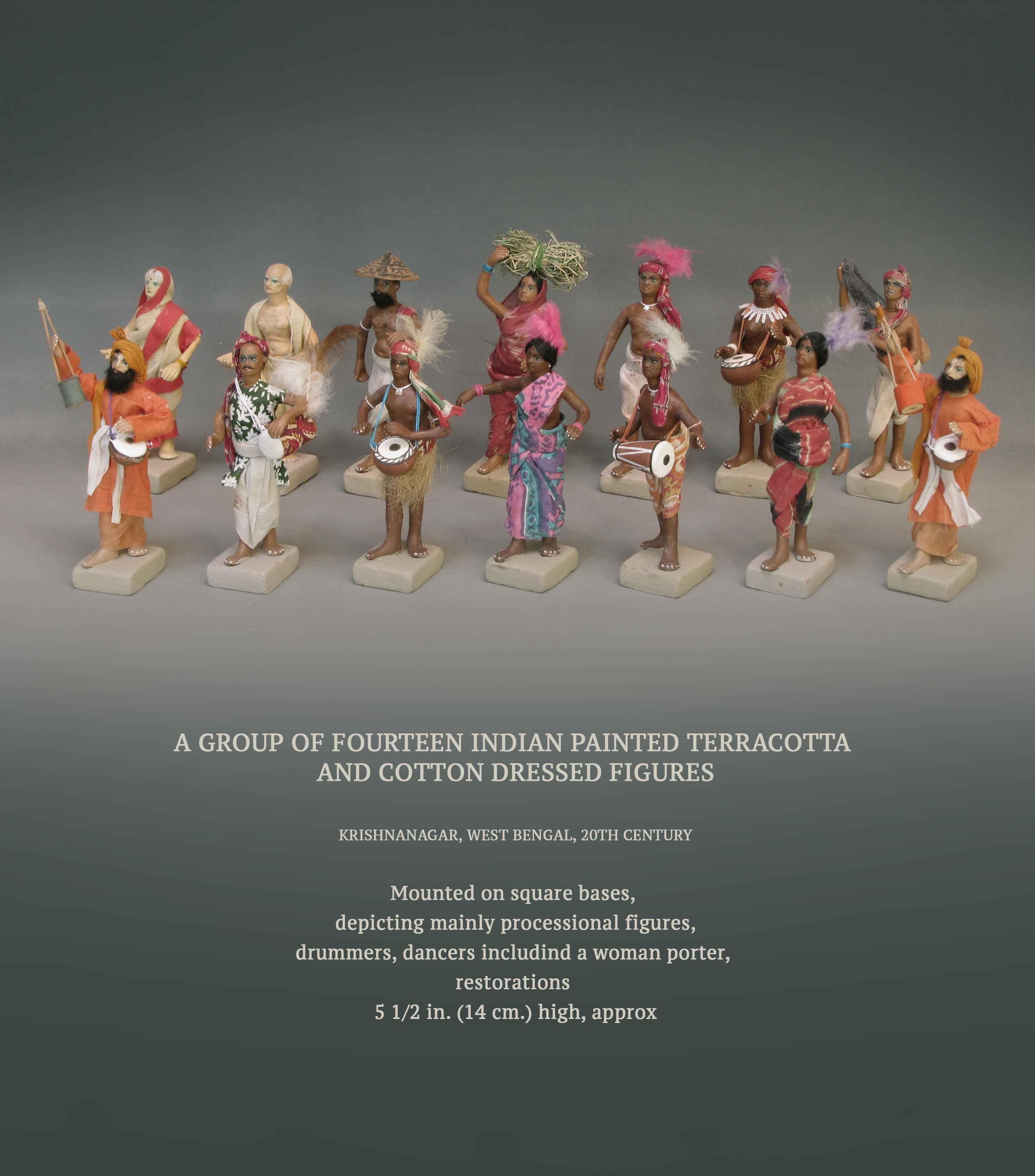 A group of fourteen Indian painted terracotta
and cotton dressed figures

Krishnanagar, West Bengal, 20th century

Mounted on square bases, 
depicting mainly processional figures,
drummers, dancers includind a woman porter,