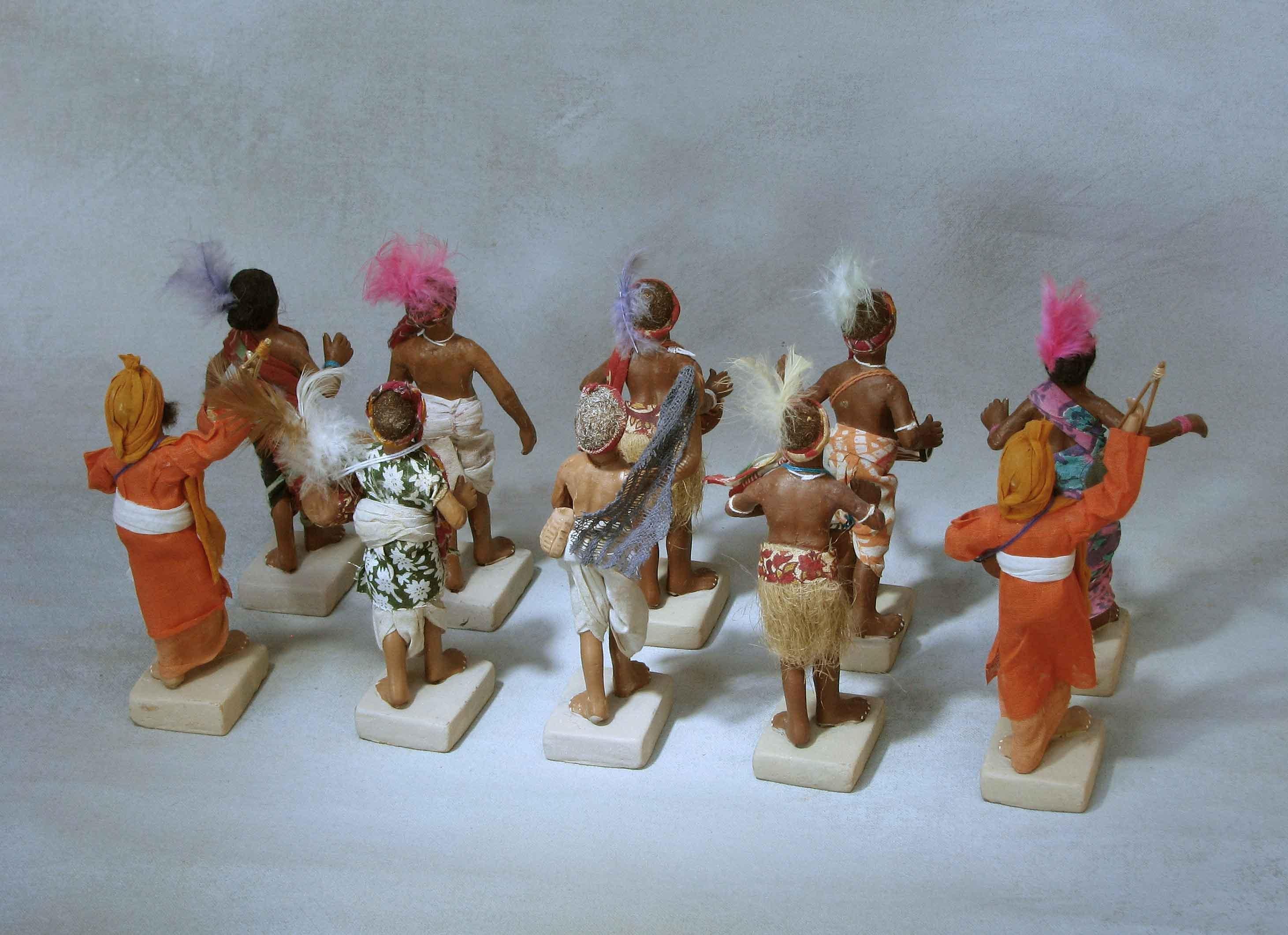Hand-Crafted Group of Fourteen Indian Painted Terracotta & Cotton Dressed Figures For Sale