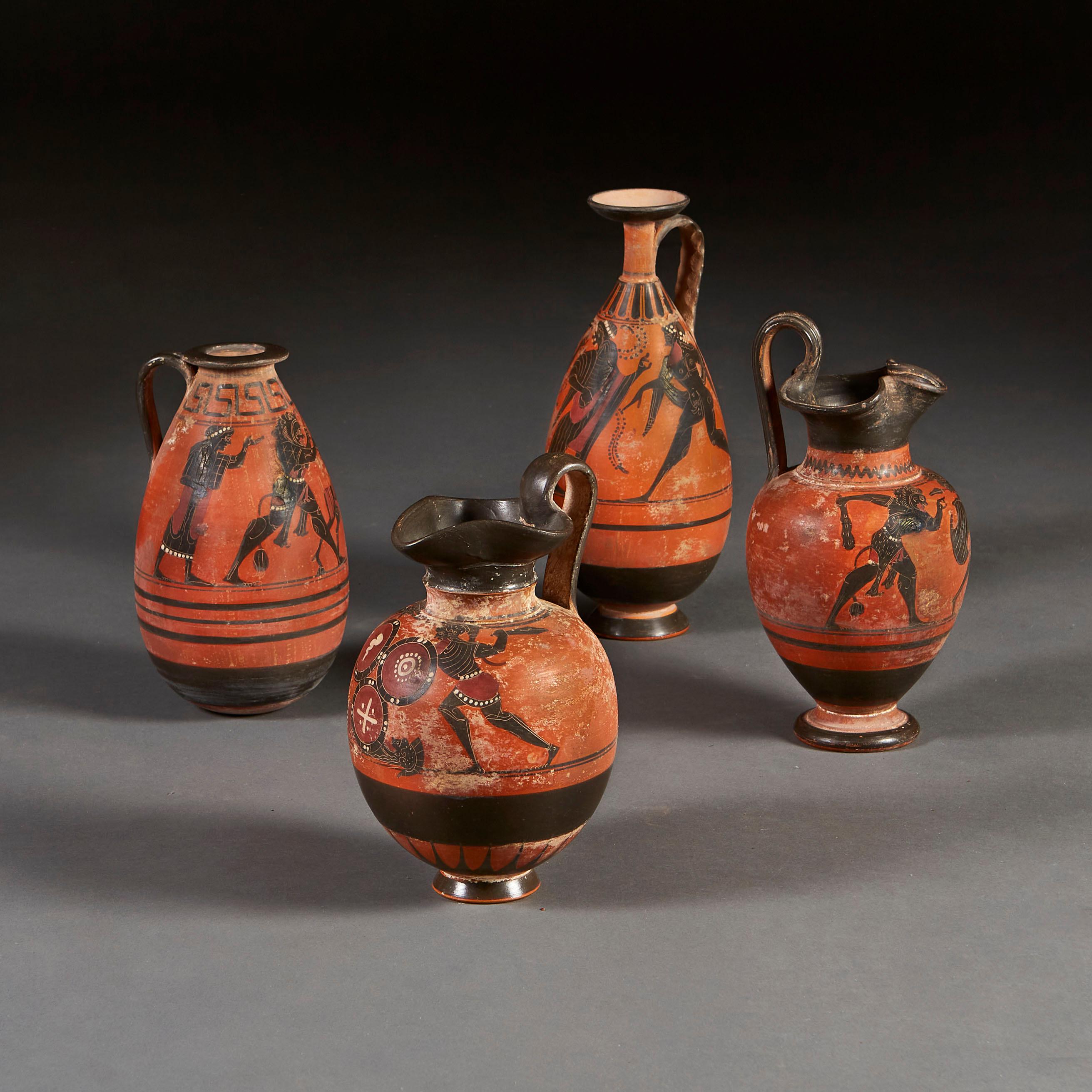 A group of nineteenth century vessels, replicating the Grand Tour objects of the previous century, with loop handles and of varying heights and forms, decorated with Greek figures and motives, on a terracotta ground.