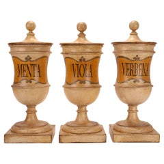 A group of herbalist pharmacy wooden jars, Italy 1870.