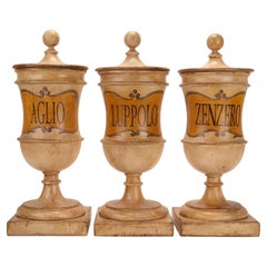 A group of herbalist pharmacy wooden jars, Italy 1870.