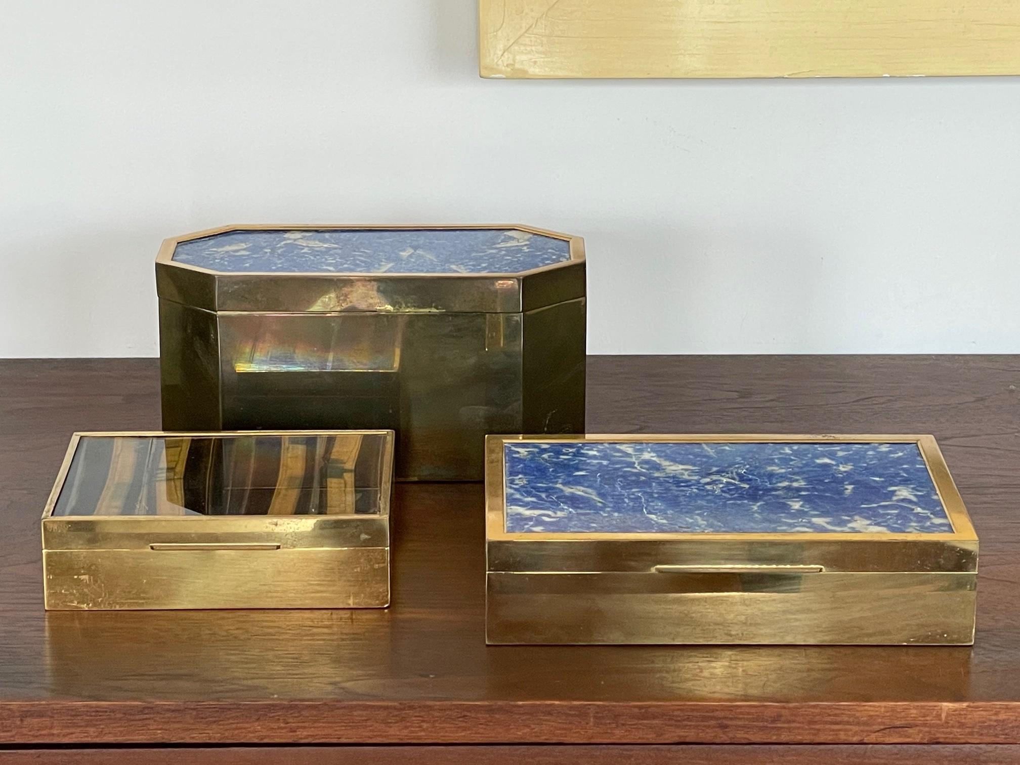 Brass Group of Italian Boxes Lapis Lazuli and Tiger's Eye