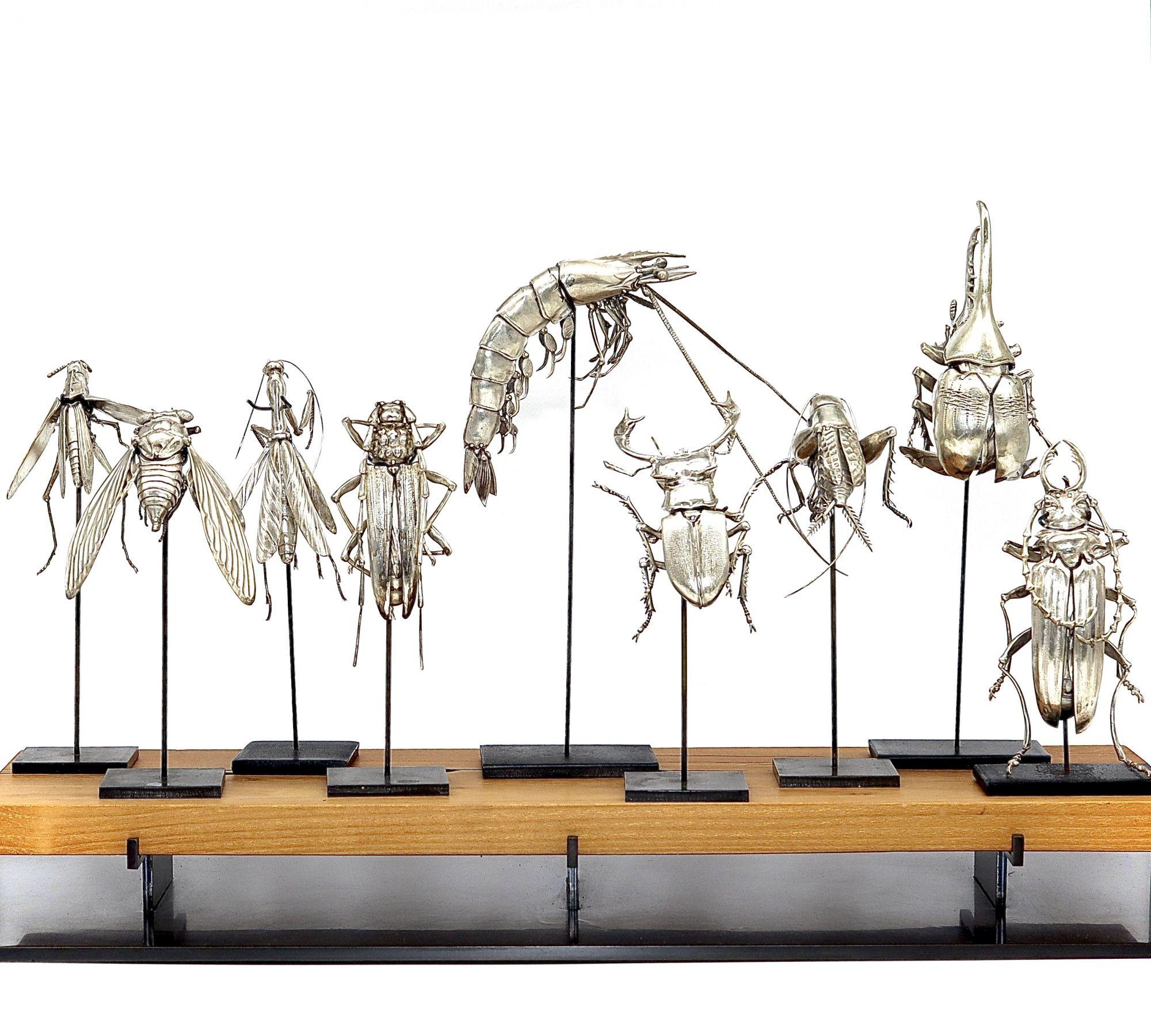 Group of Nine American Silver Articulated Creatures by Oleg Konstantinov In Fair Condition In North Miami, FL