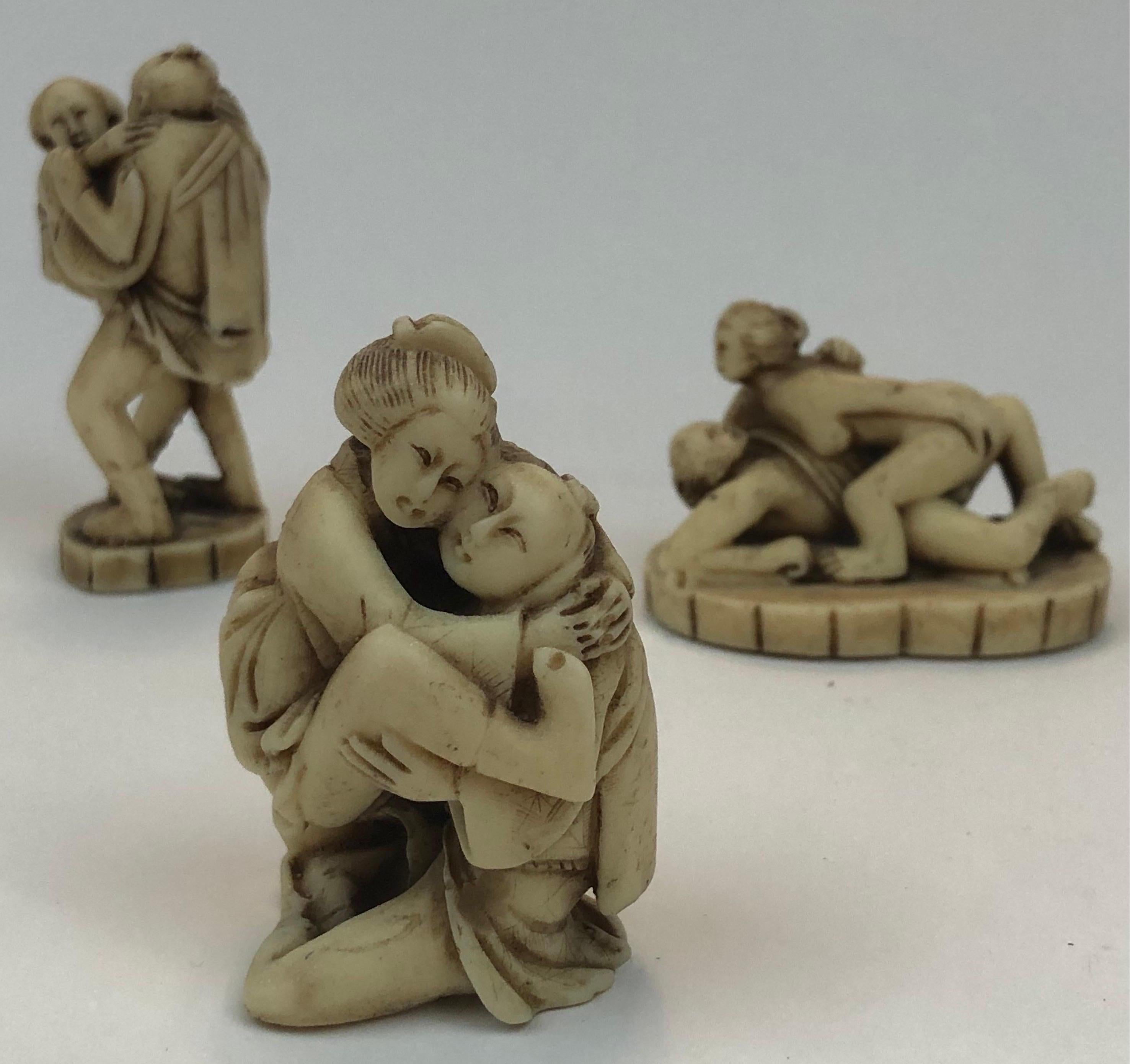 Group of Three Early 1900's Erotic Carved Resin Netsuke Edo Figures in Coitus 9