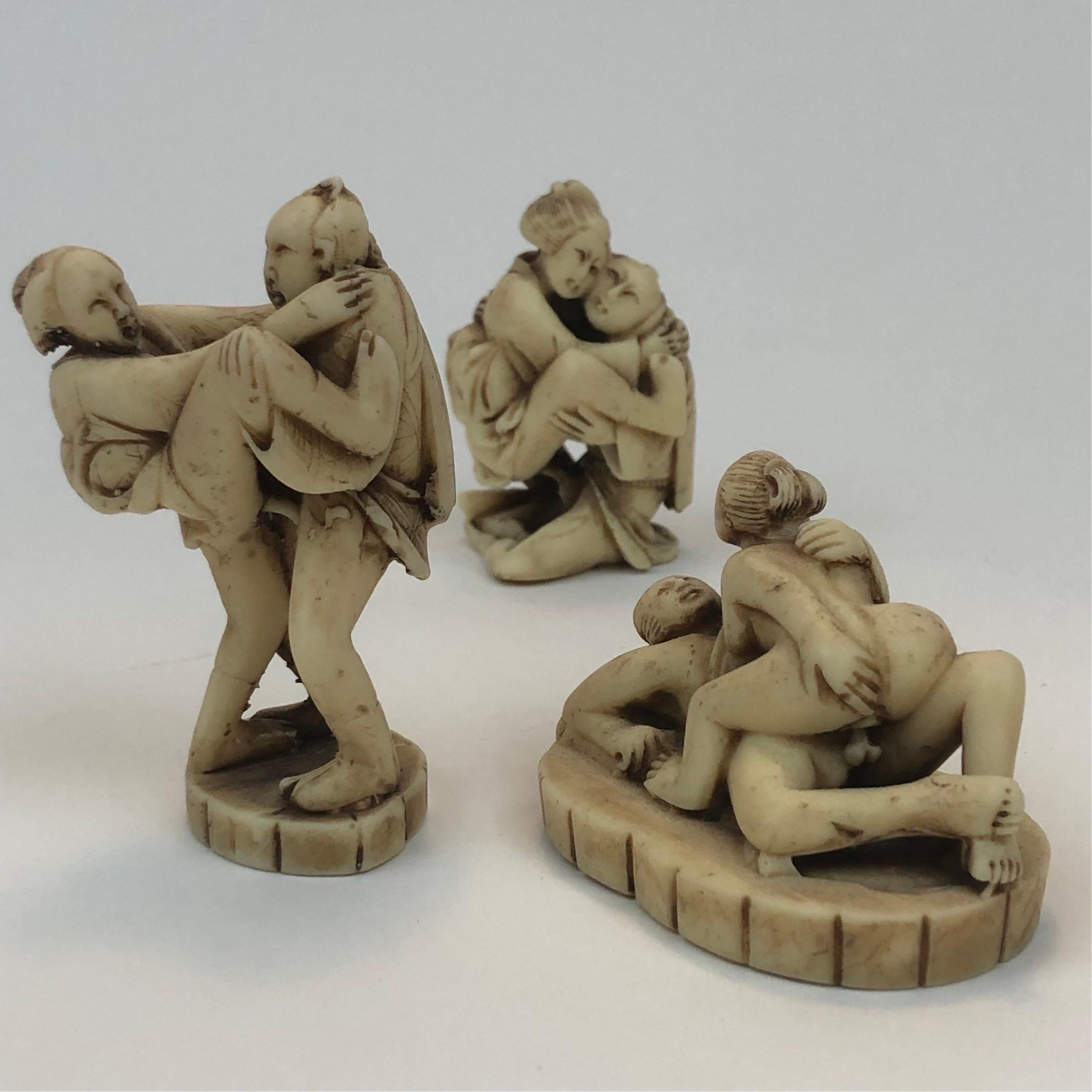 Group of Three Early 1900's Erotic Carved Resin Netsuke Edo Figures in Coitus 10