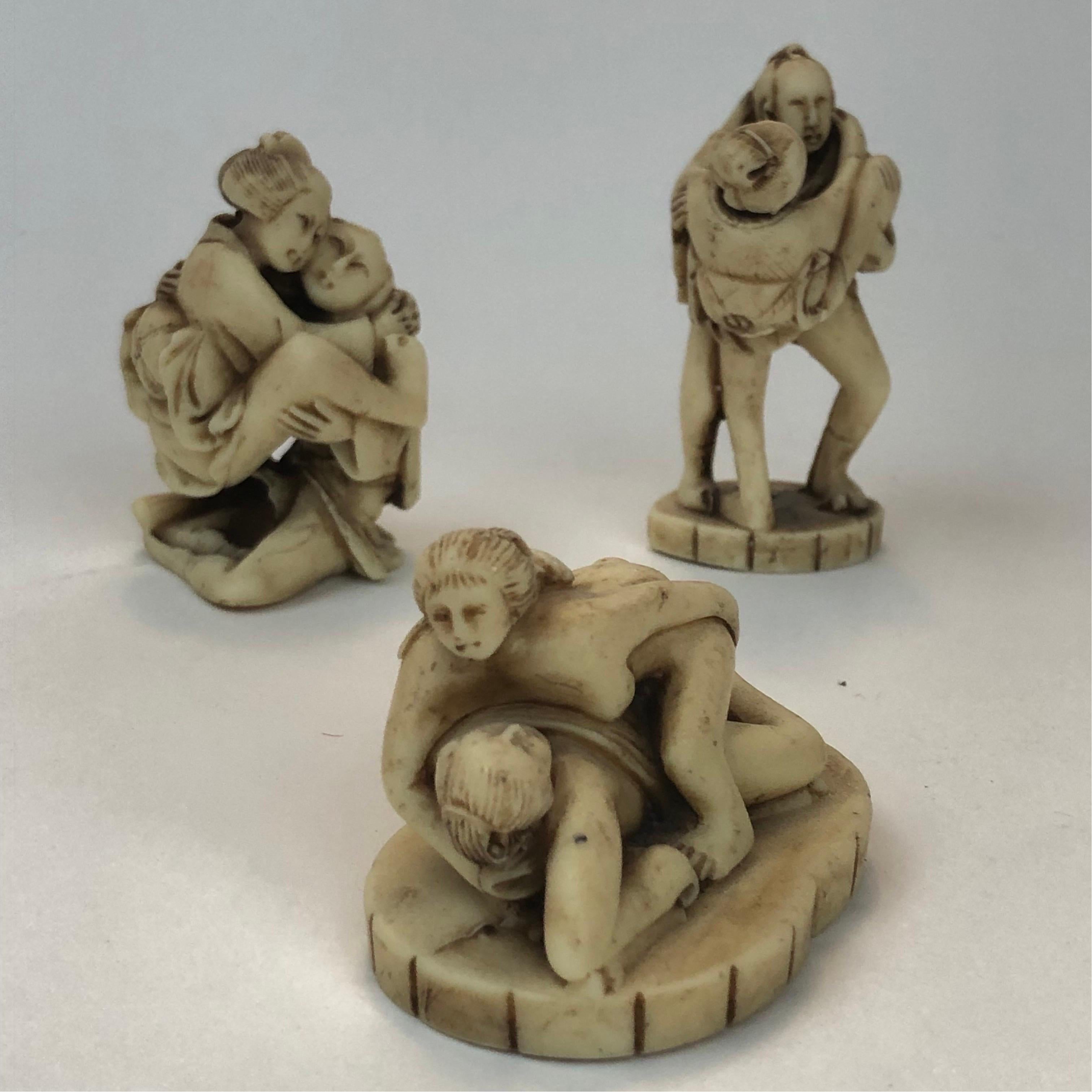 Group of Three Early 1900's Erotic Carved Resin Netsuke Edo Figures in Coitus 11