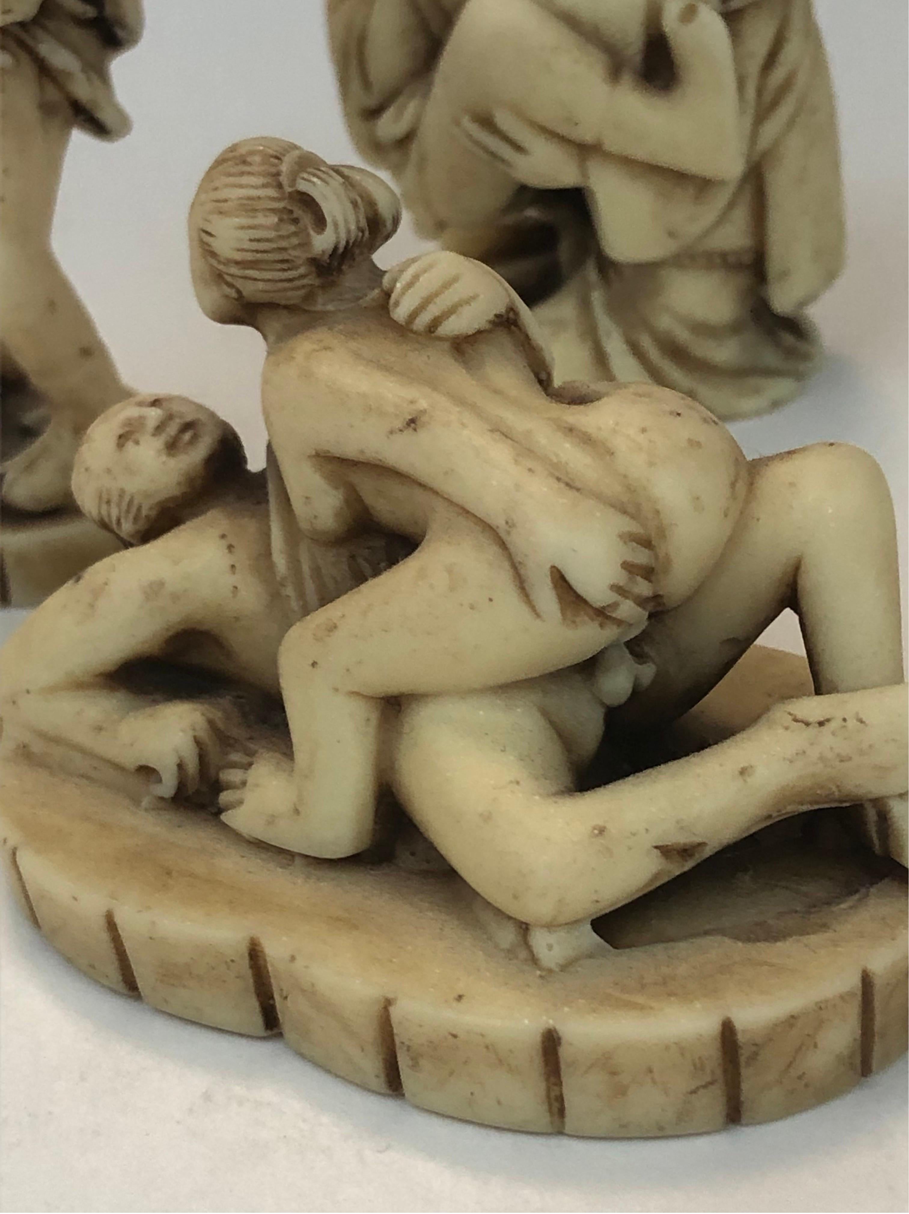 Group of Three Early 1900's Erotic Carved Resin Netsuke Edo Figures in Coitus 12