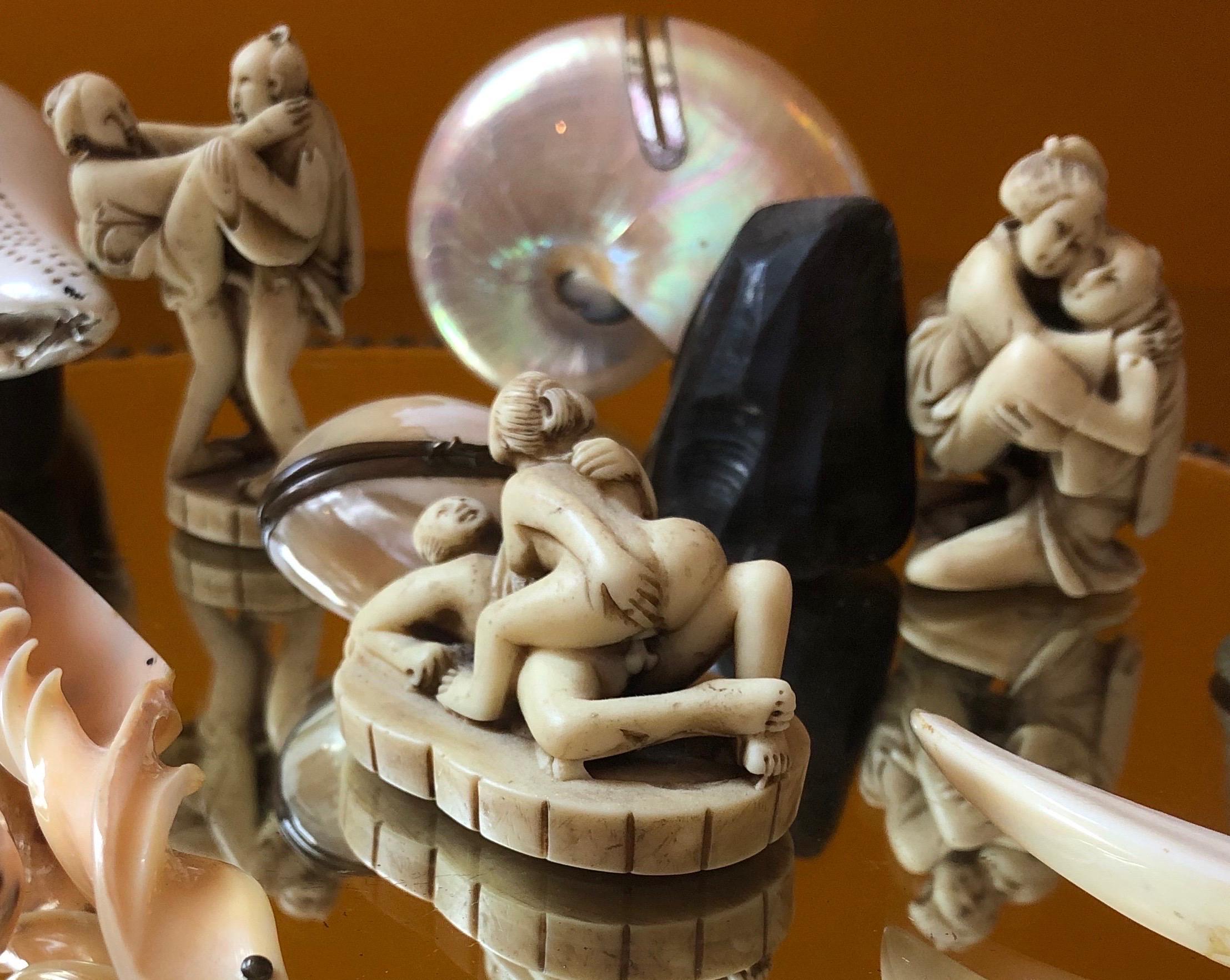 Group of Three Early 1900's Erotic Carved Resin Netsuke Edo Figures in Coitus 13