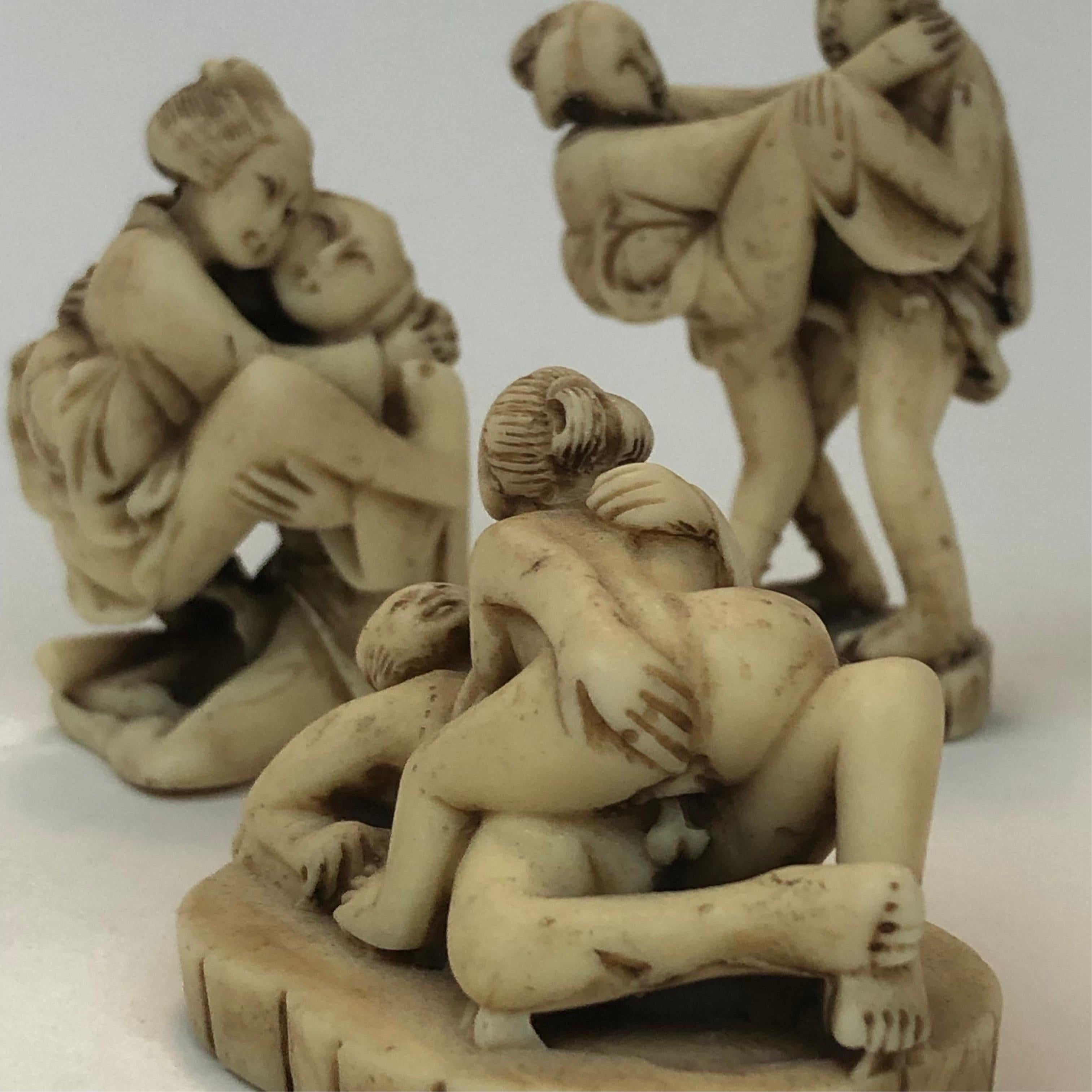 Japanese Group of Three Early 1900's Erotic Carved Resin Netsuke Edo Figures in Coitus