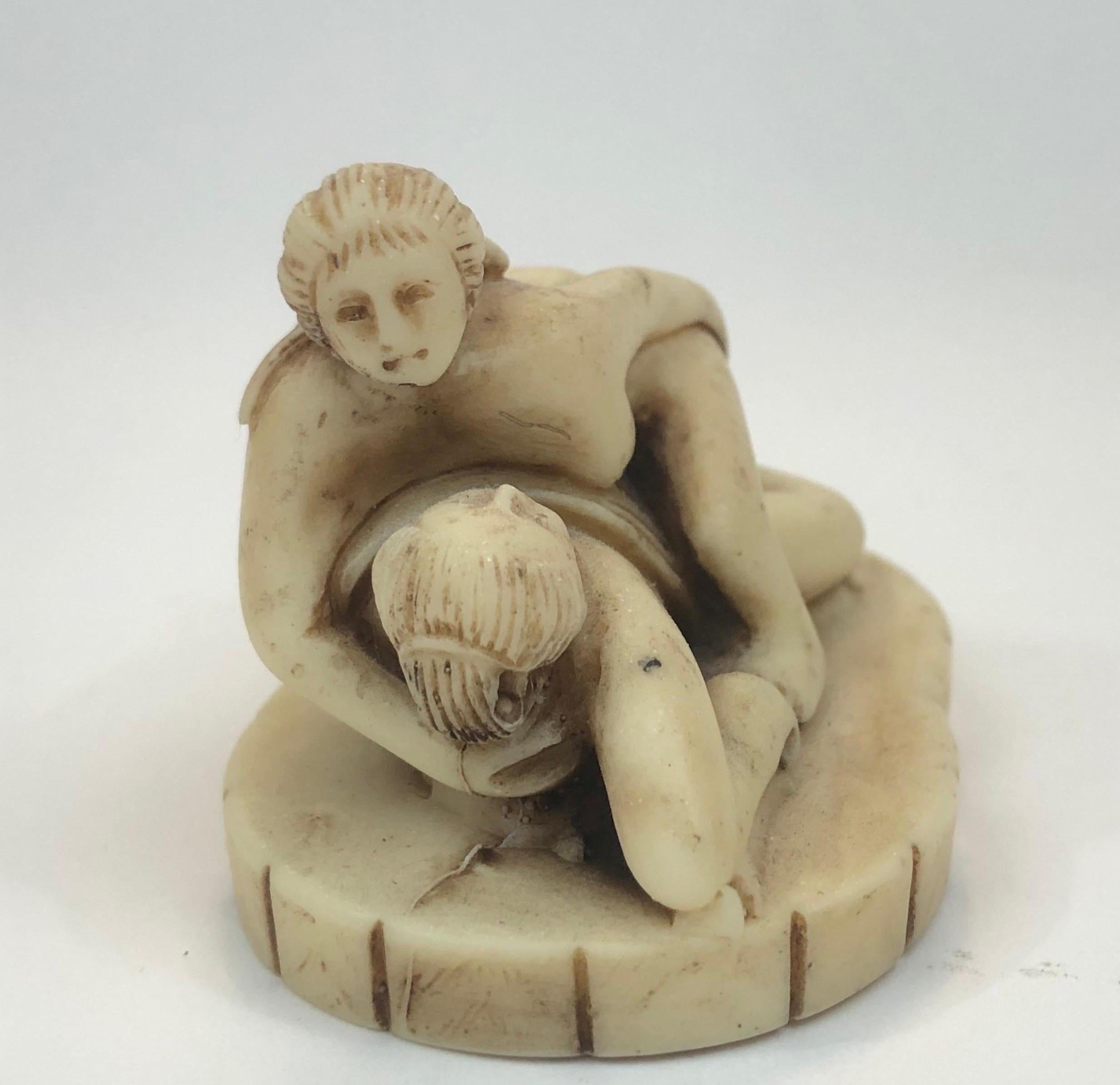 Hand-Carved Group of Three Early 1900's Erotic Carved Resin Netsuke Edo Figures in Coitus