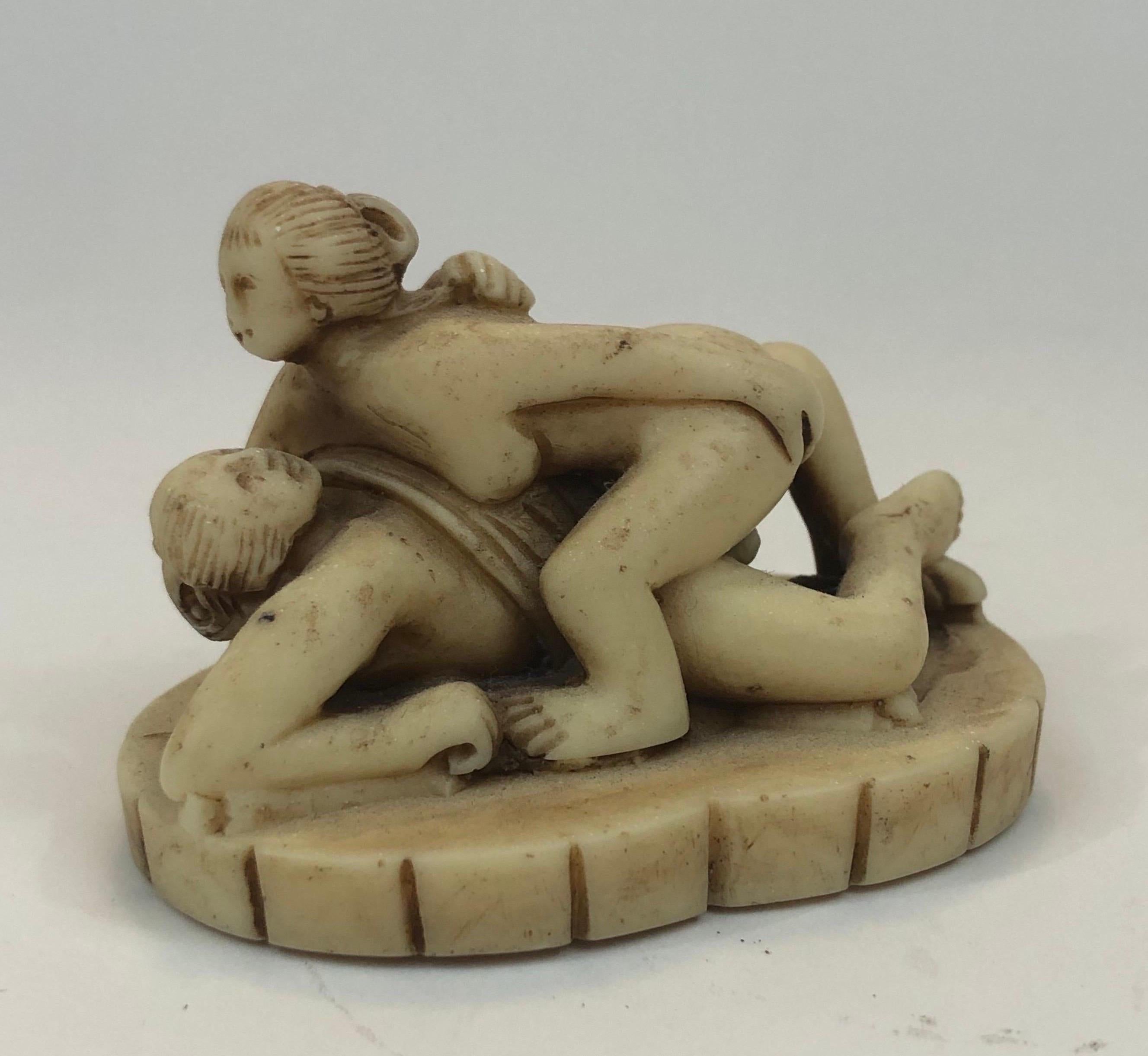 Group of Three Early 1900's Erotic Carved Resin Netsuke Edo Figures in Coitus In Good Condition In Fort mill, SC