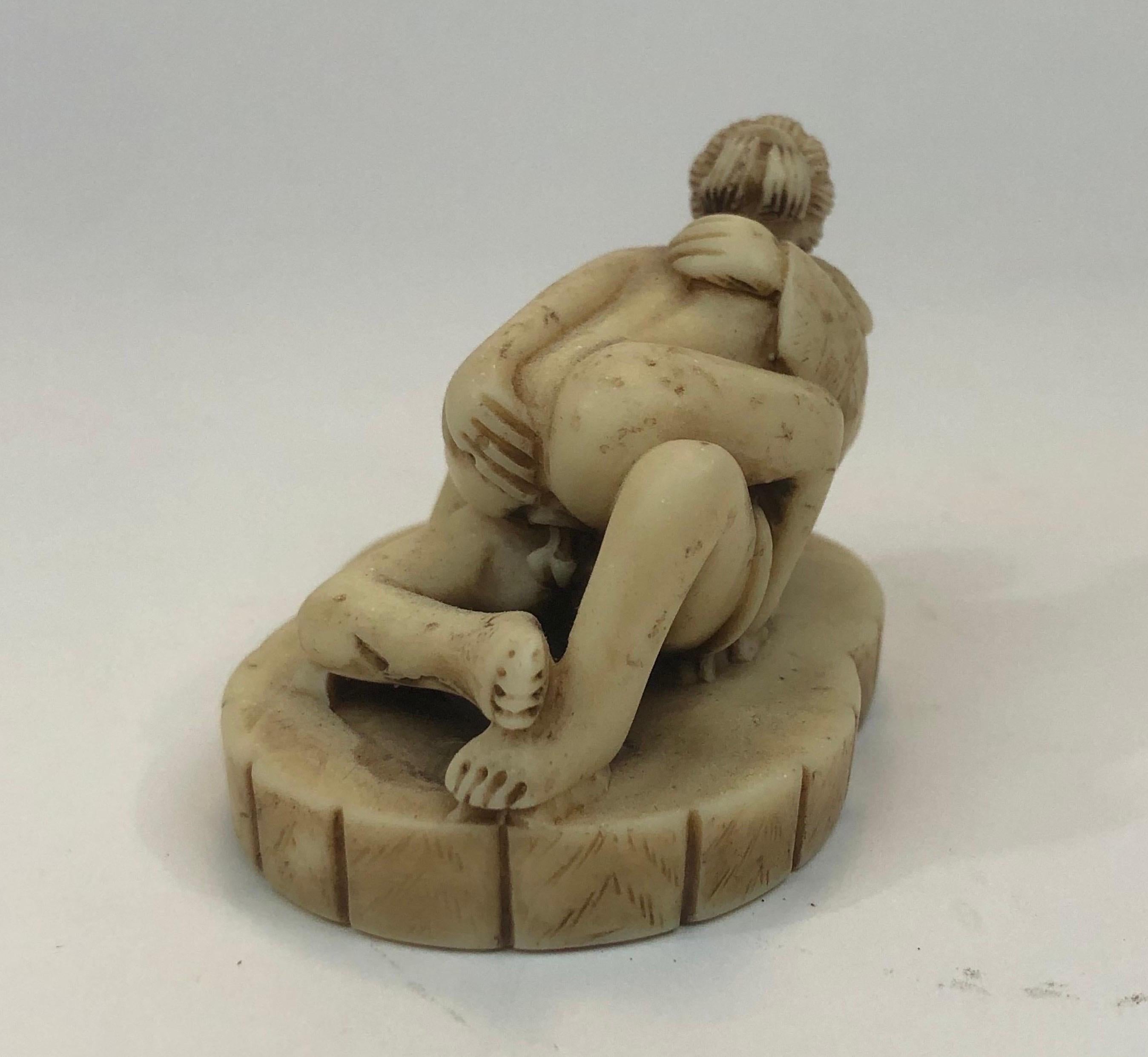 20th Century Group of Three Early 1900's Erotic Carved Resin Netsuke Edo Figures in Coitus