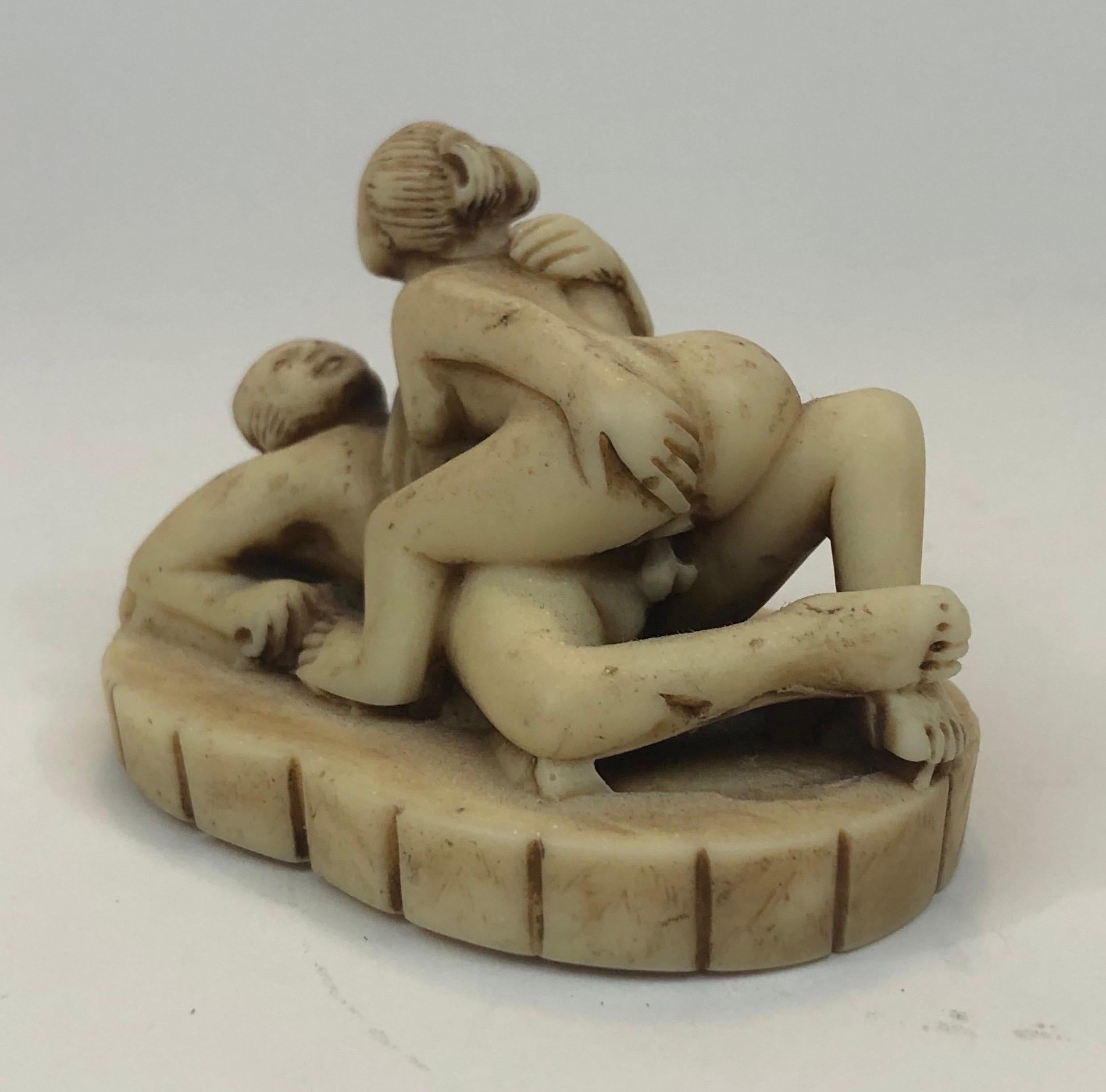 Group of Three Early 1900's Erotic Carved Resin Netsuke Edo Figures in Coitus 1