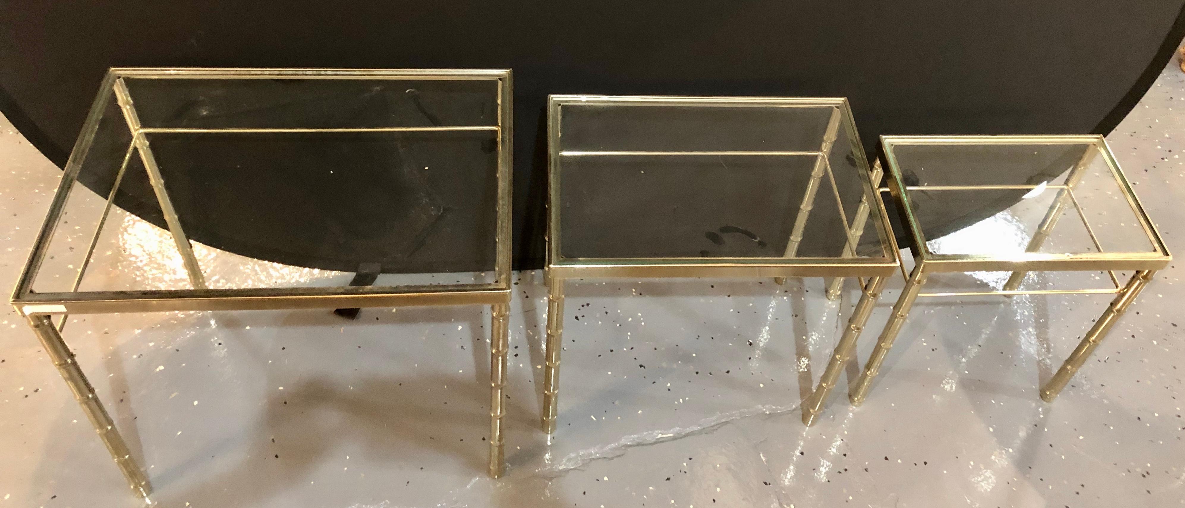 Group of Three Faux Bamboo Brass Nesting Tables with Glass Tops 5