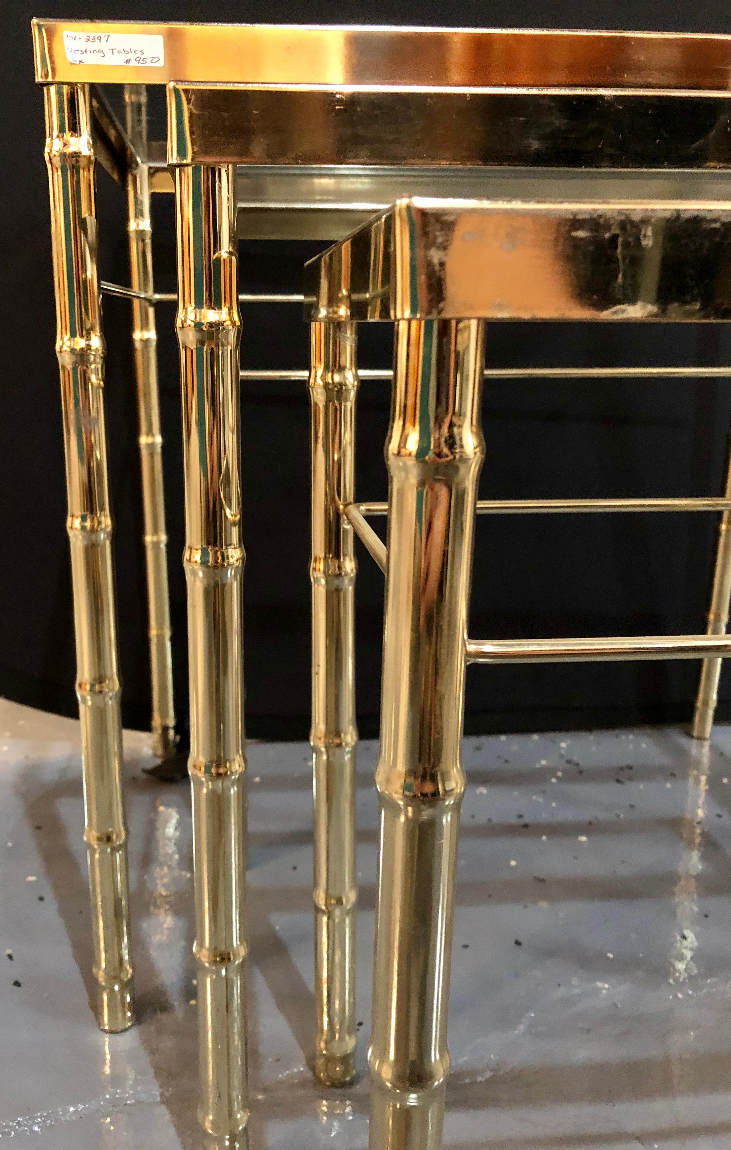 Group of Three Faux Bamboo Brass Nesting Tables with Glass Tops 6