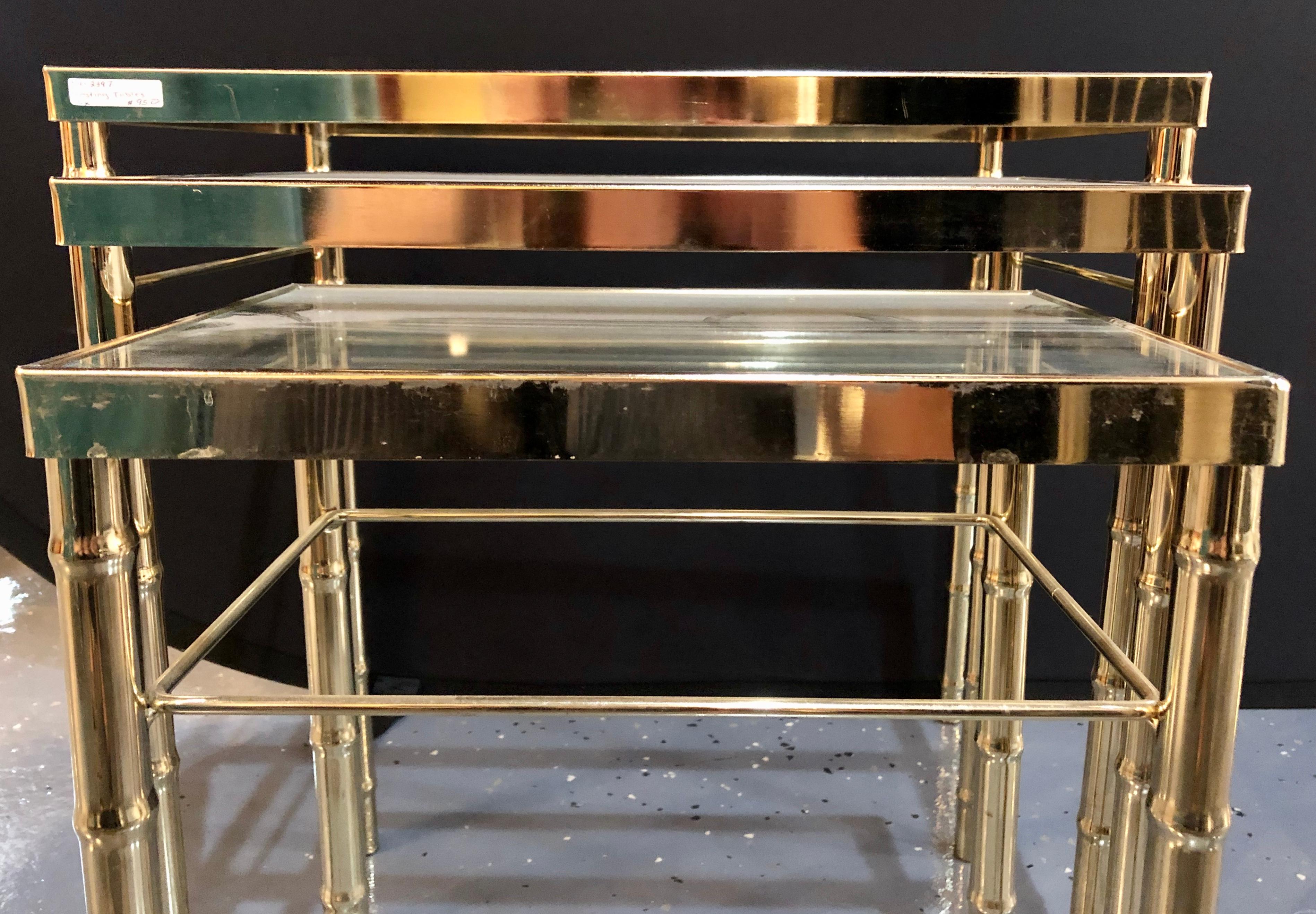 Mid-Century Modern Group of Three Faux Bamboo Brass Nesting Tables with Glass Tops