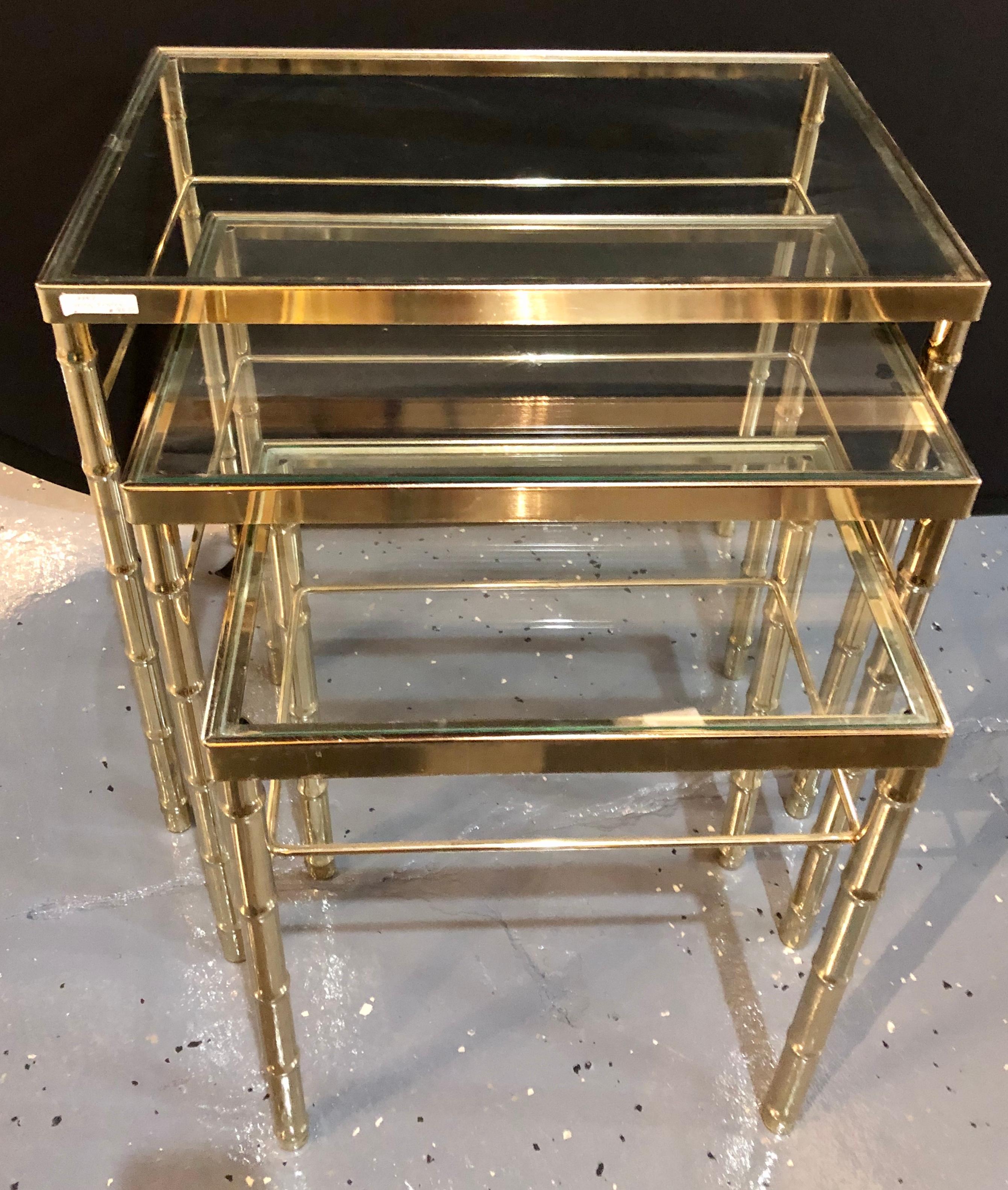 Group of Three Faux Bamboo Brass Nesting Tables with Glass Tops In Good Condition In Manhasset, NY
