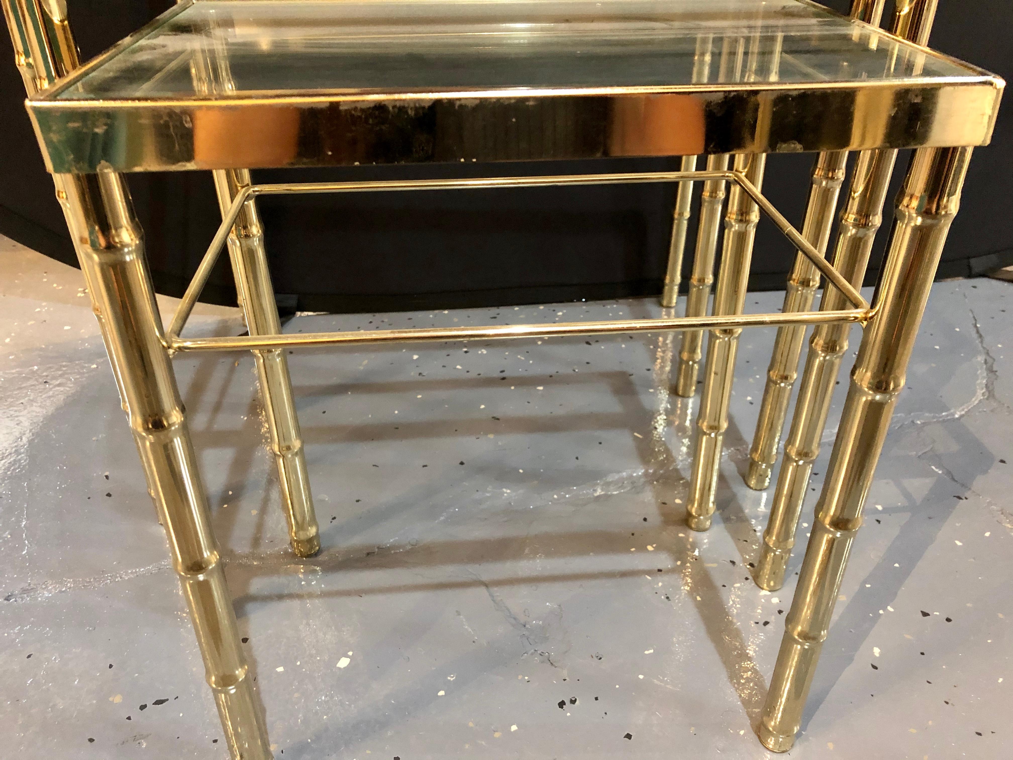 20th Century Group of Three Faux Bamboo Brass Nesting Tables with Glass Tops