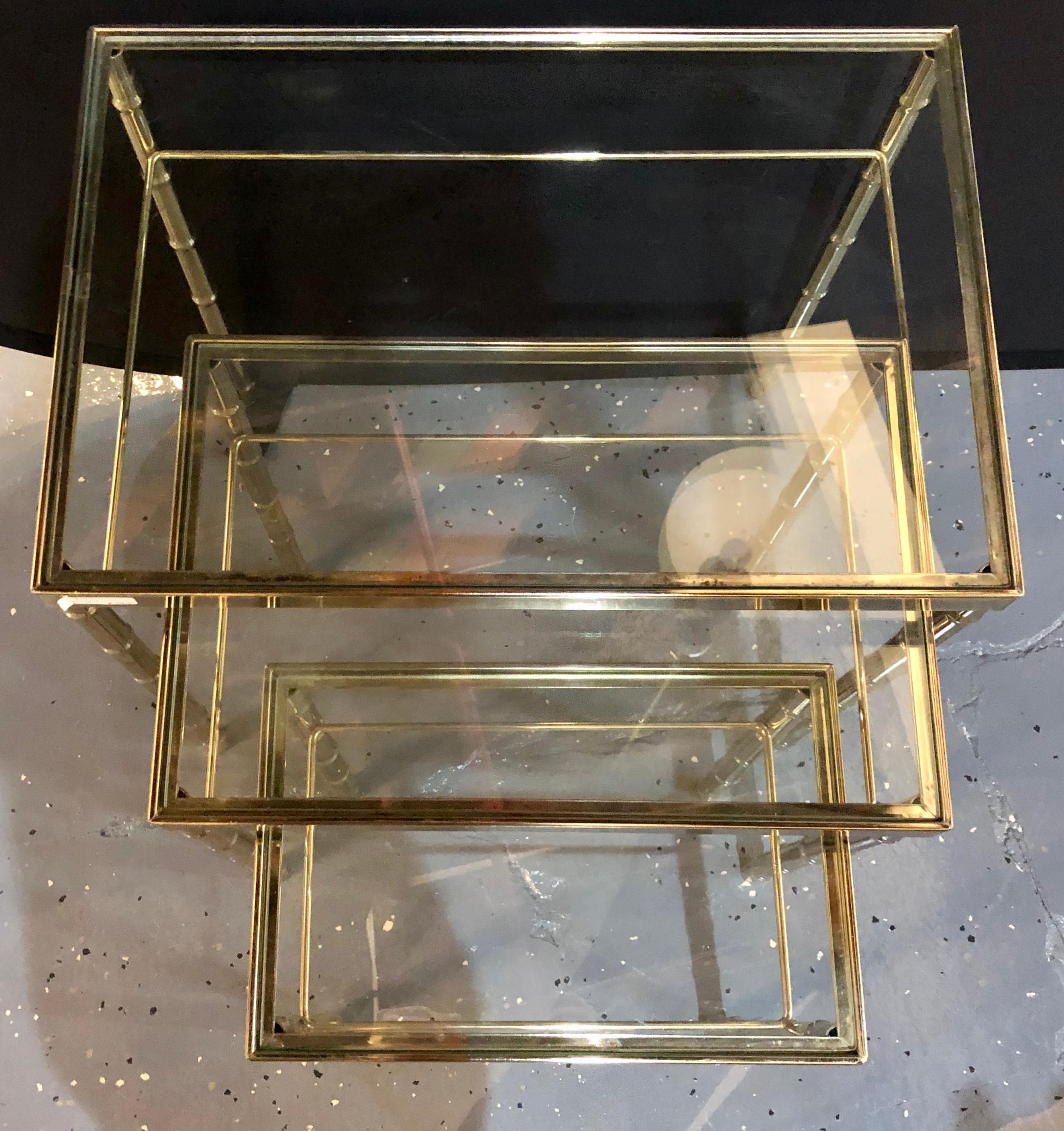 Group of Three Faux Bamboo Brass Nesting Tables with Glass Tops 1