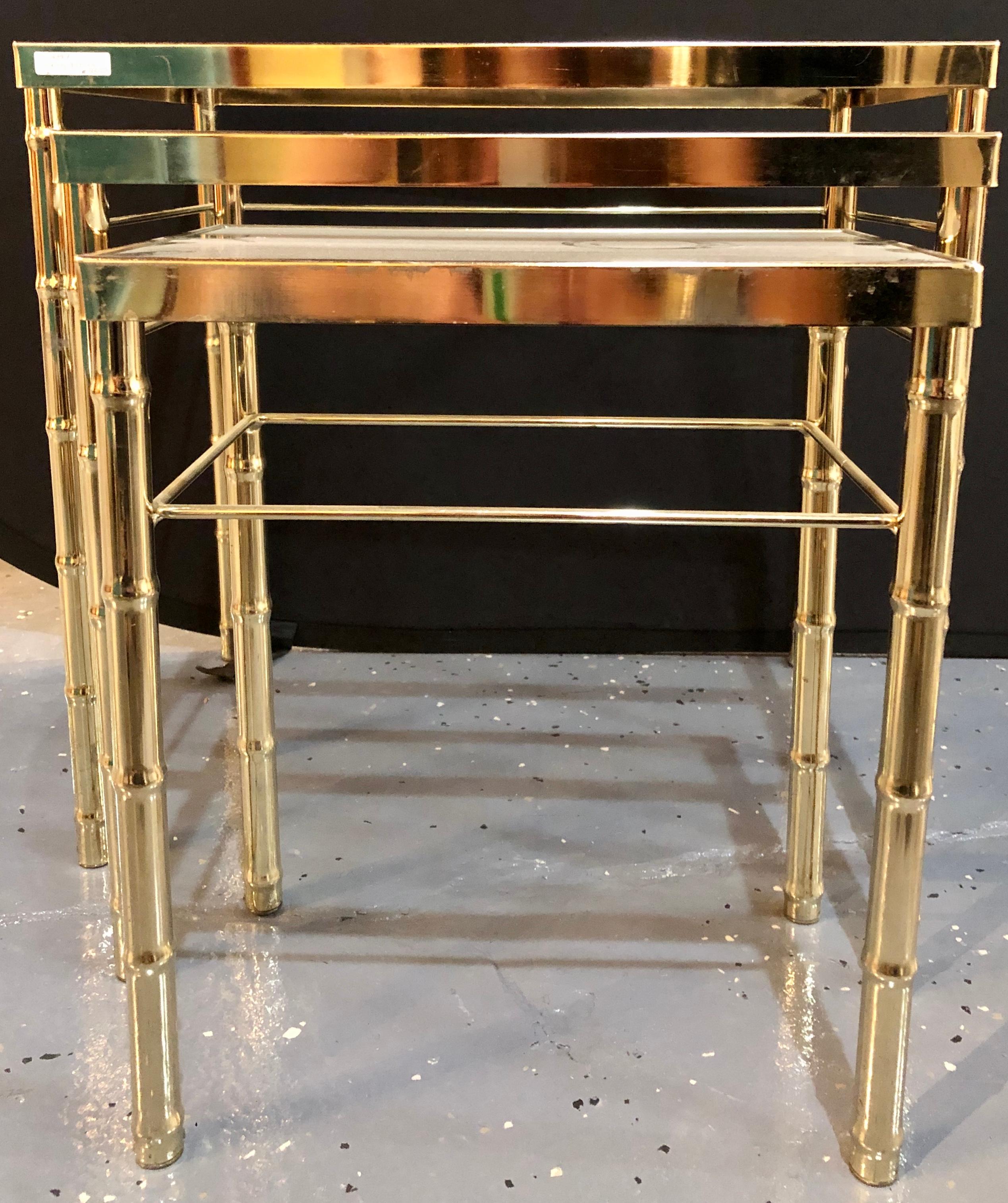 Group of Three Faux Bamboo Brass Nesting Tables with Glass Tops 2