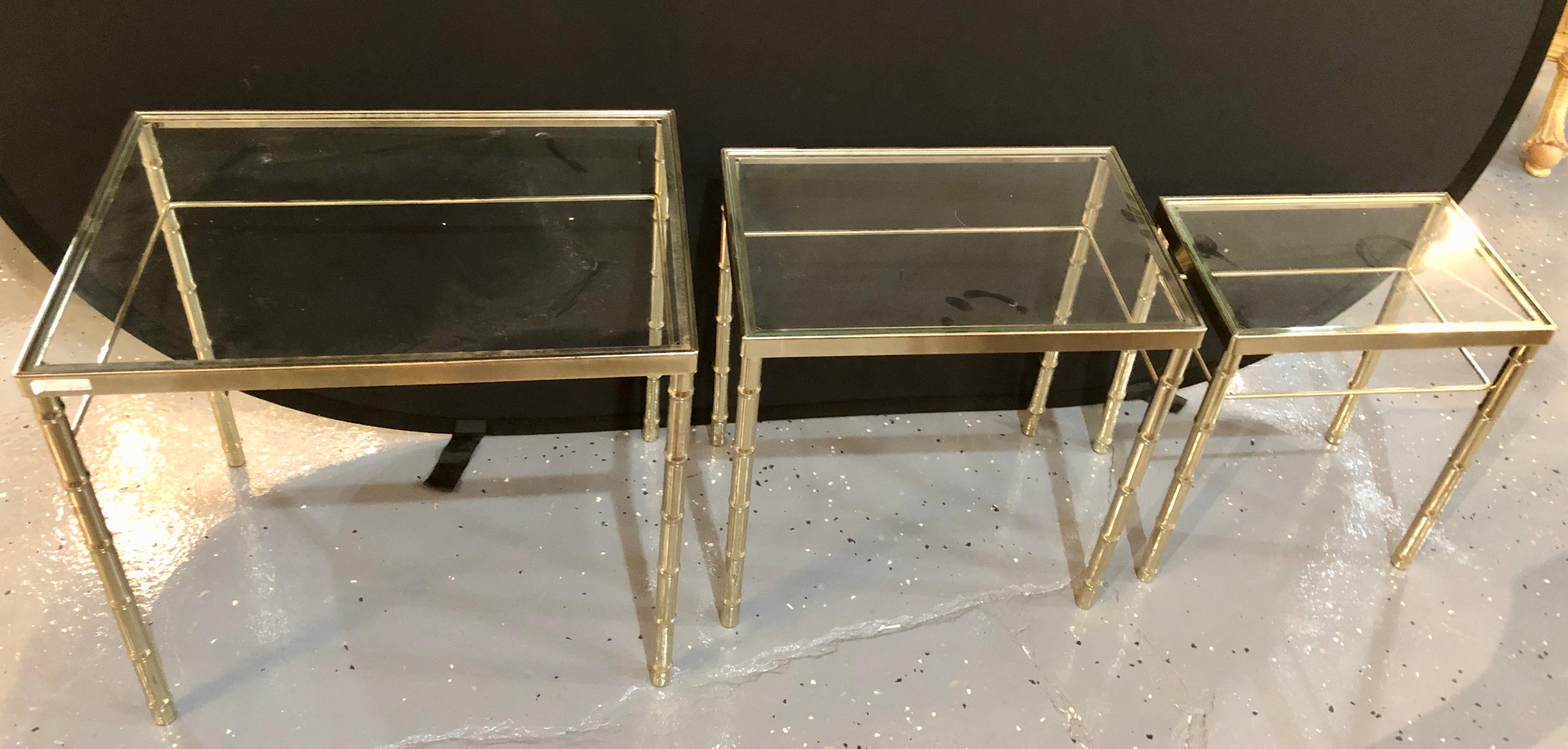 Group of Three Faux Bamboo Brass Nesting Tables with Glass Tops 3