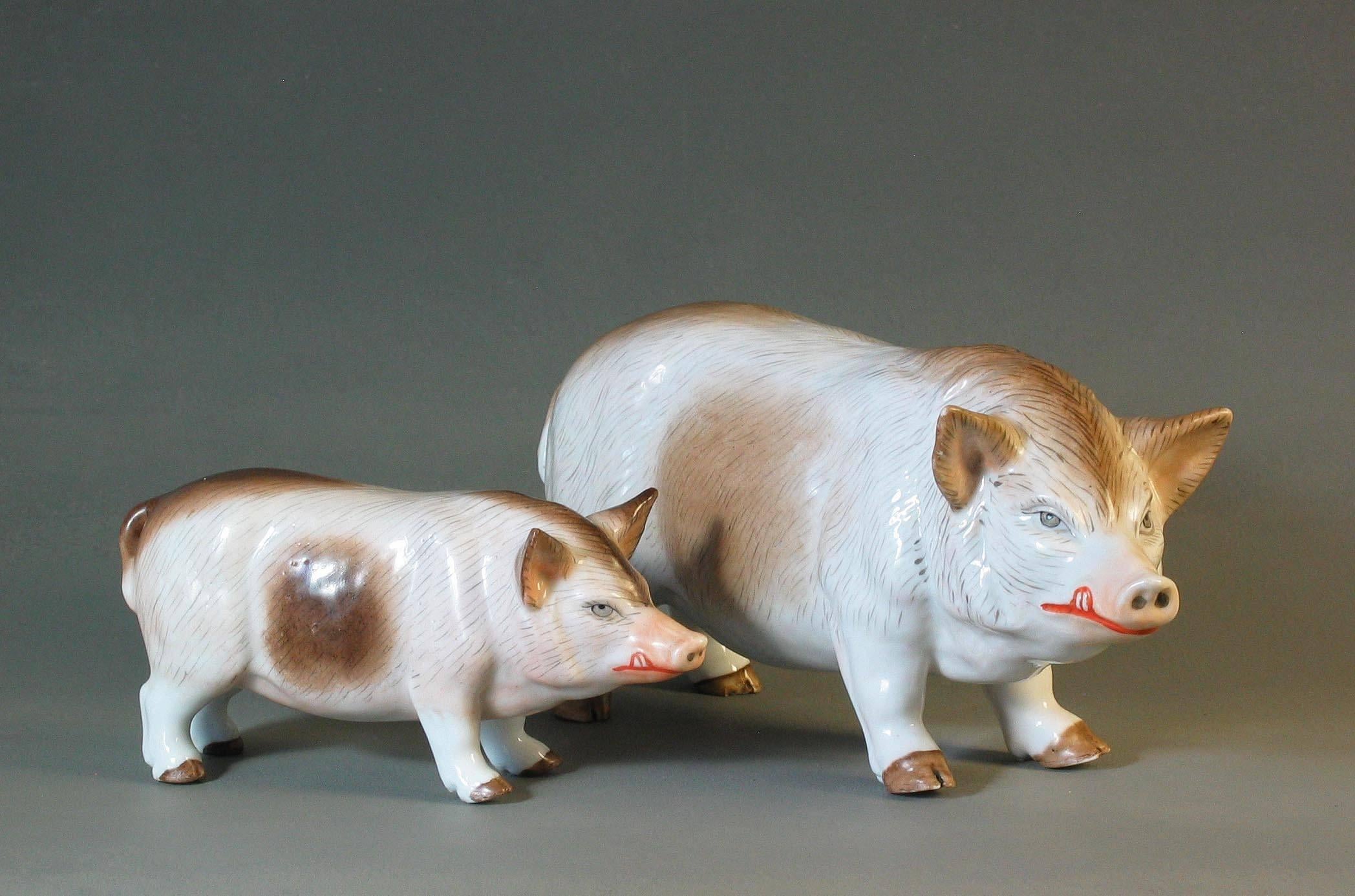 Group of Two Rare Meissen Style Porcelain Figures of Pig Sow and Piglet For Sale 2